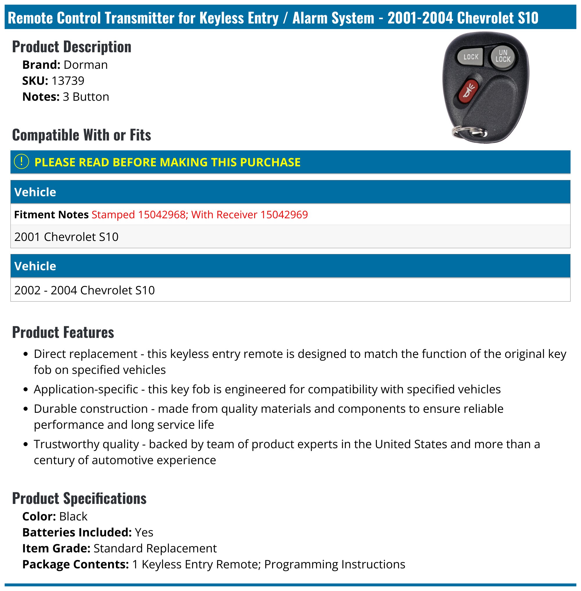 Keyless Entry Remote for 2001 2002 2003 2004 Chevrolet S10 Car Key Fob Blue