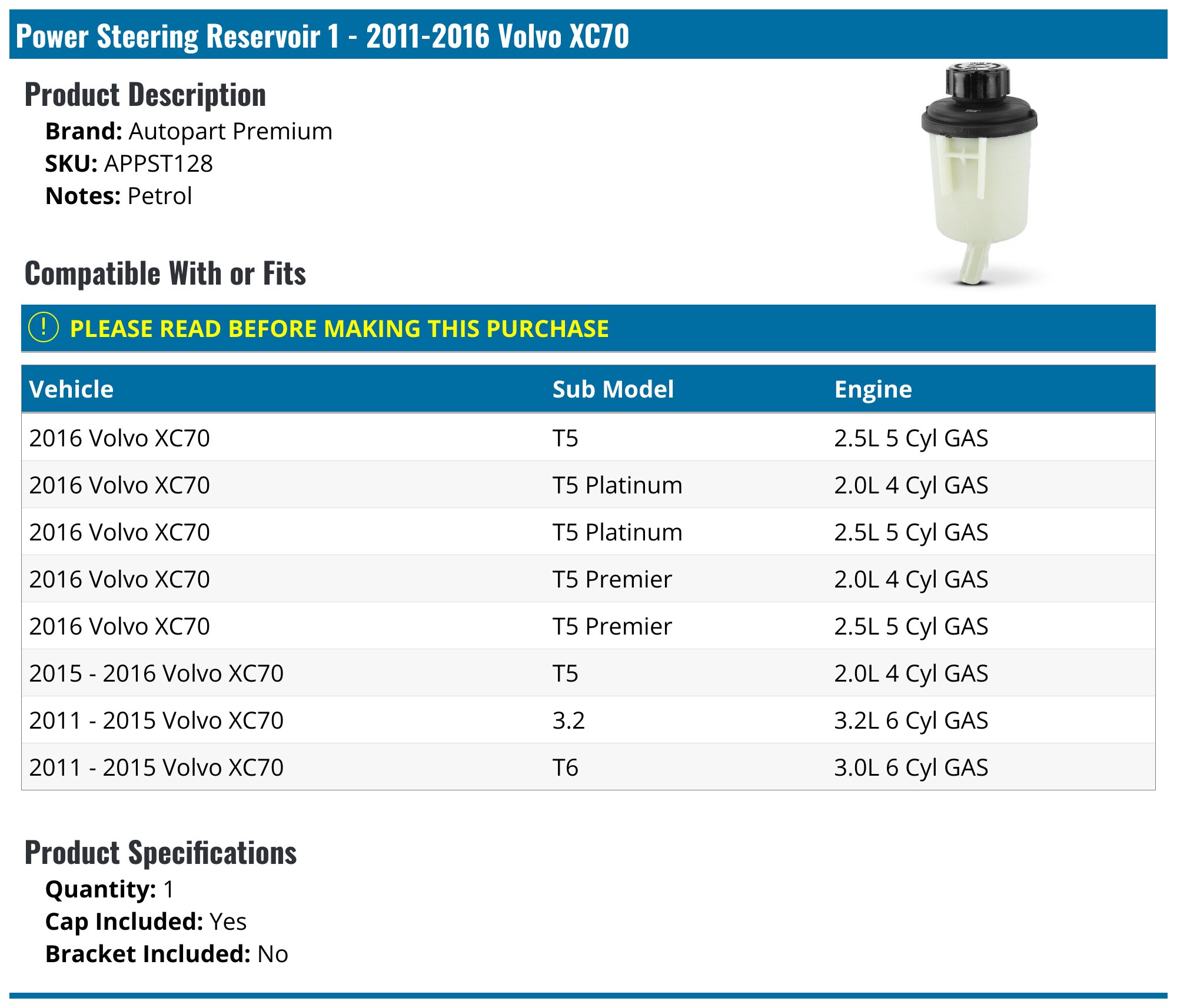 2011-2016 Volvo XC70 Power Steering Reservoir - Autopart Premium ...