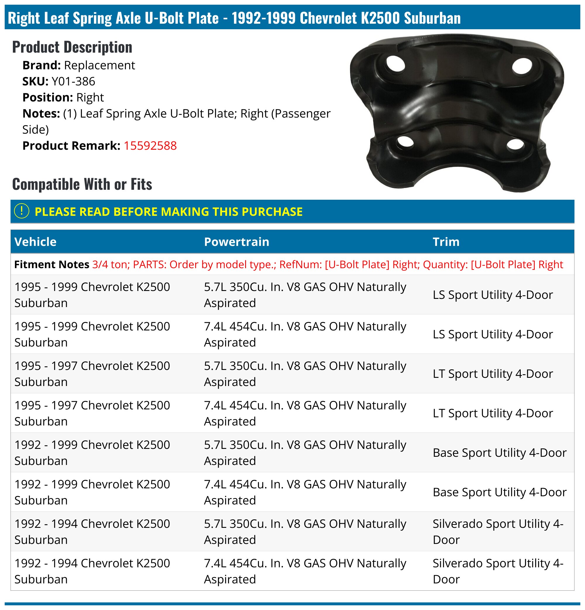 1992-1999 Chevrolet K2500 Suburban Leaf Spring Axle U-Bolt Plate ...