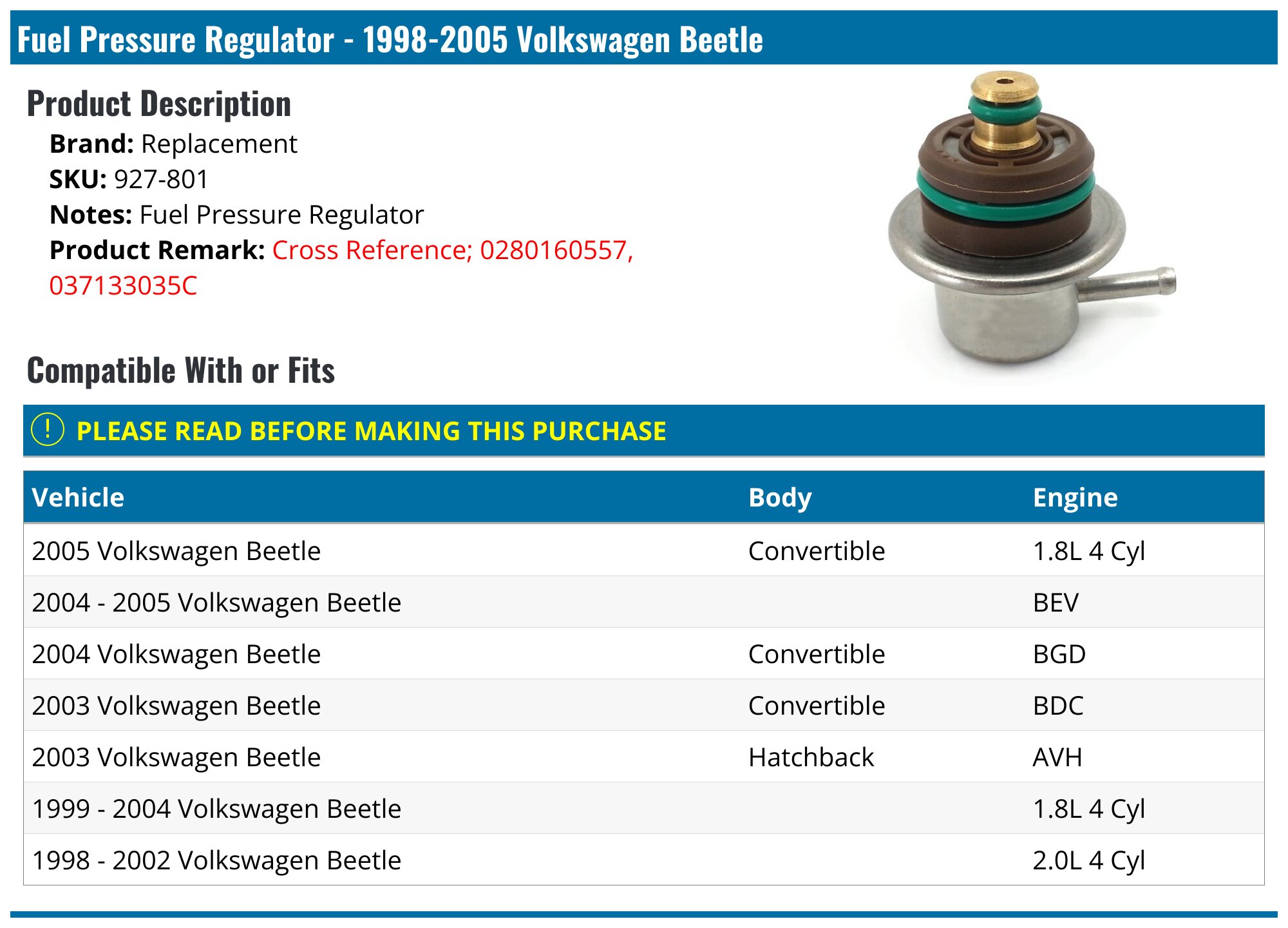 Bosch Fuel Pressure Regulator 037 133 035 C – Fits Audi TT, Volkswagen Beetle (0 280 160 557)