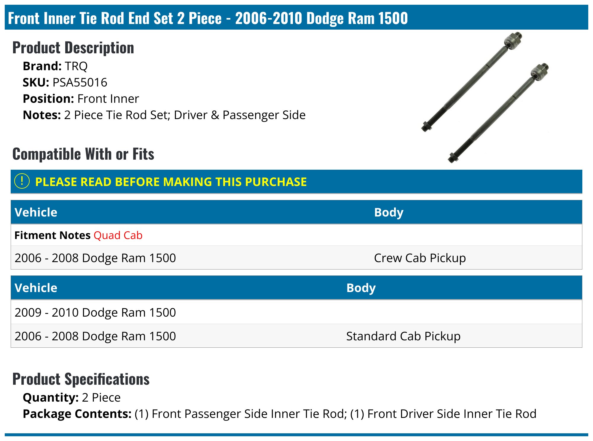 2006-2010 Dodge Ram 1500 Tie Rod End - TRQ PSA55016 - Front Inner ...
