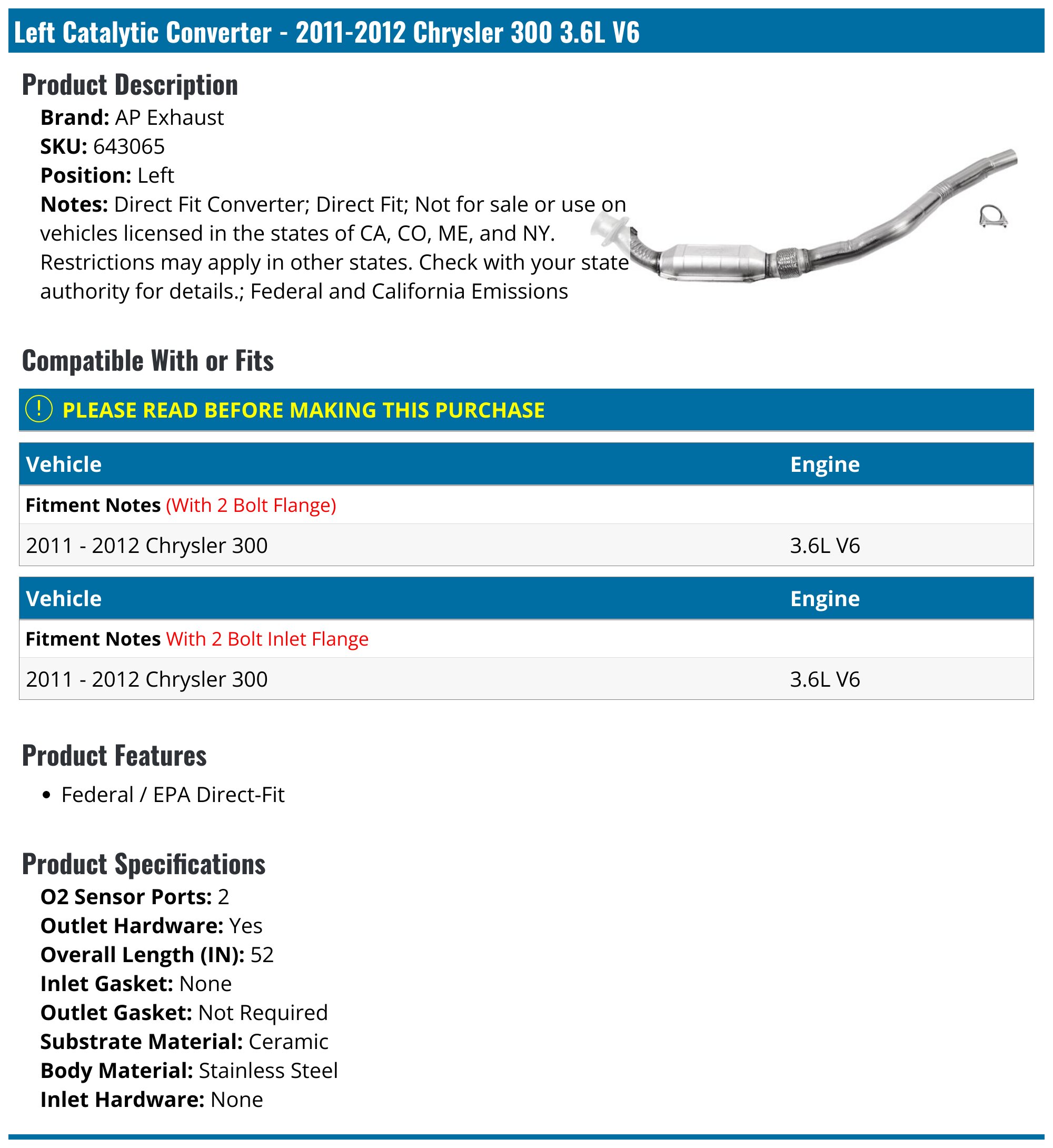 FTS 2006-2010 CHRYSLER 300 BOTH Catalytc Converters | eBay