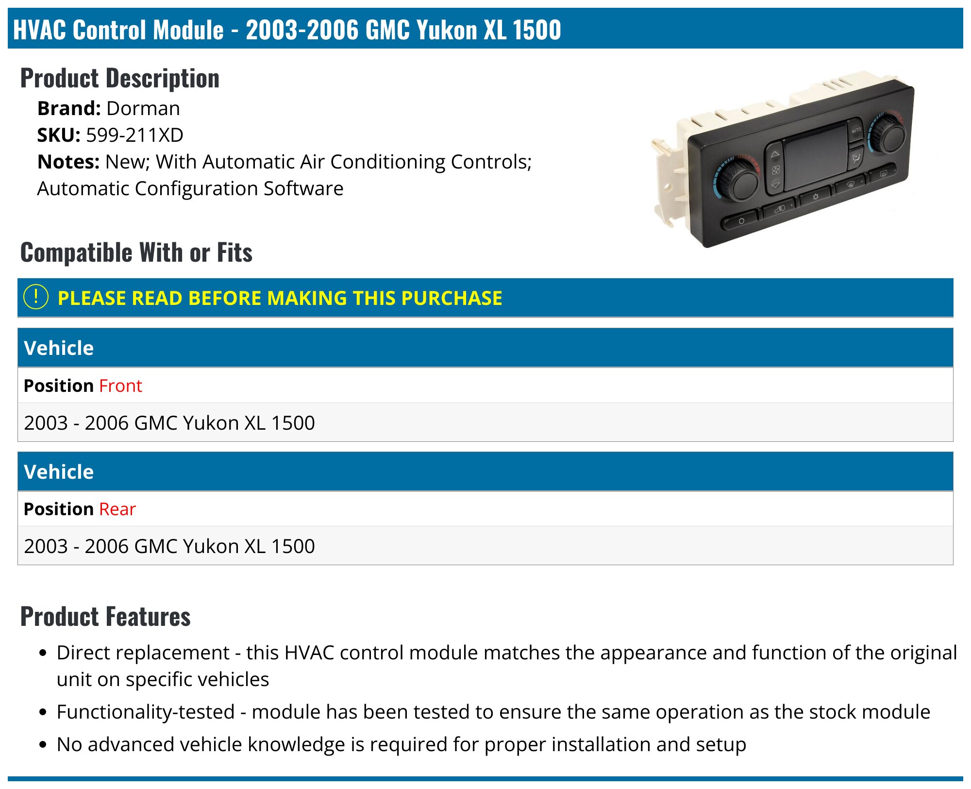 Climate Control Module Replacement For GMC Yukon & Yukon XL 1500/2500 2003-2004 - OE# 10367041, Black Panel