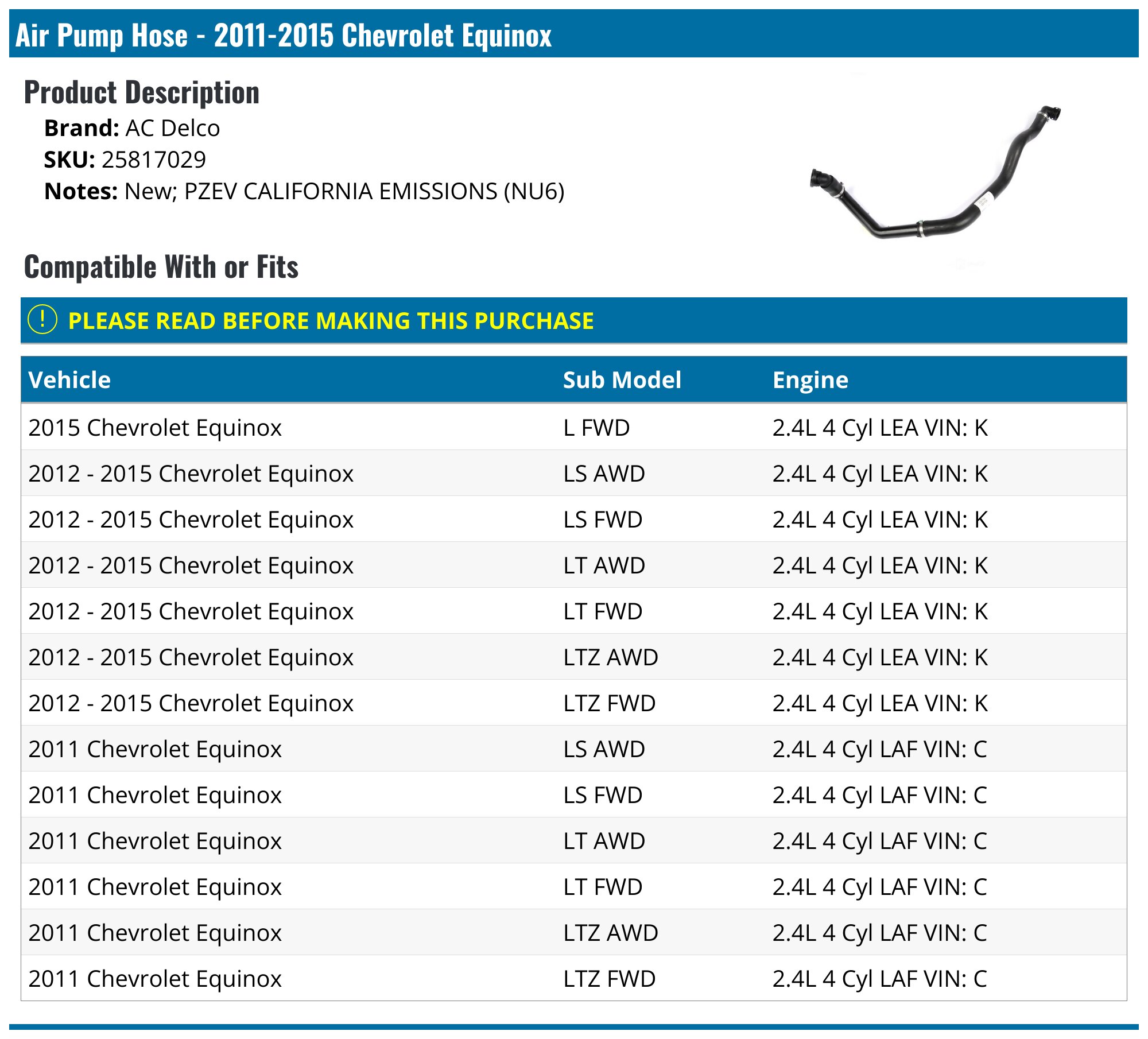 GM Genuine Parts 25817029 Secondary Air Injection Pump Hose