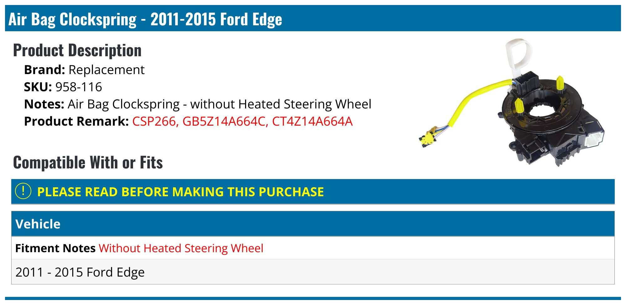 BG1T-14A664-BA Aftermarket Clock Spring to fit Ford Mustang 2010-14 | Australia
