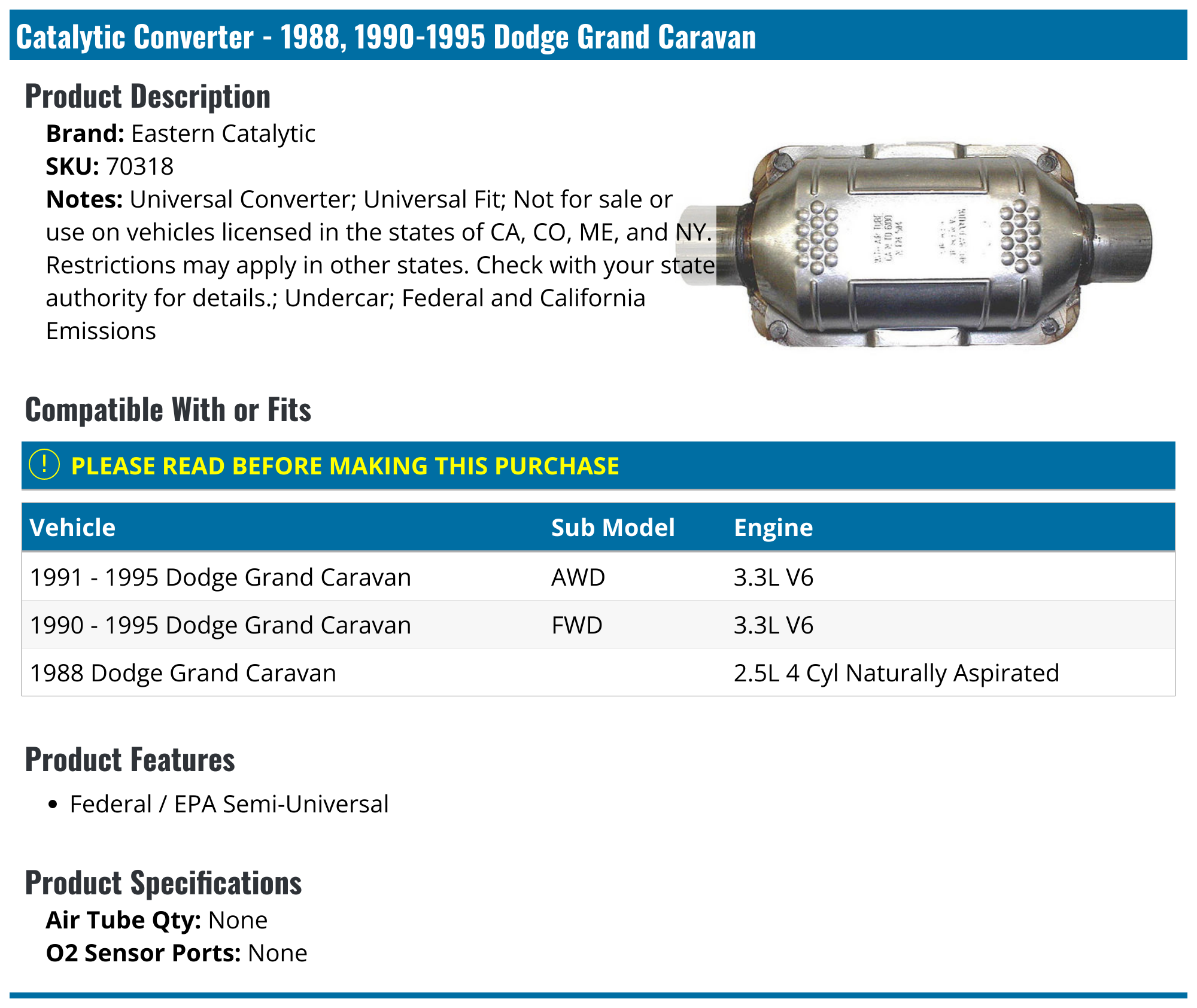 1988, 19901995 Dodge Grand Caravan Catalytic Converter Eastern