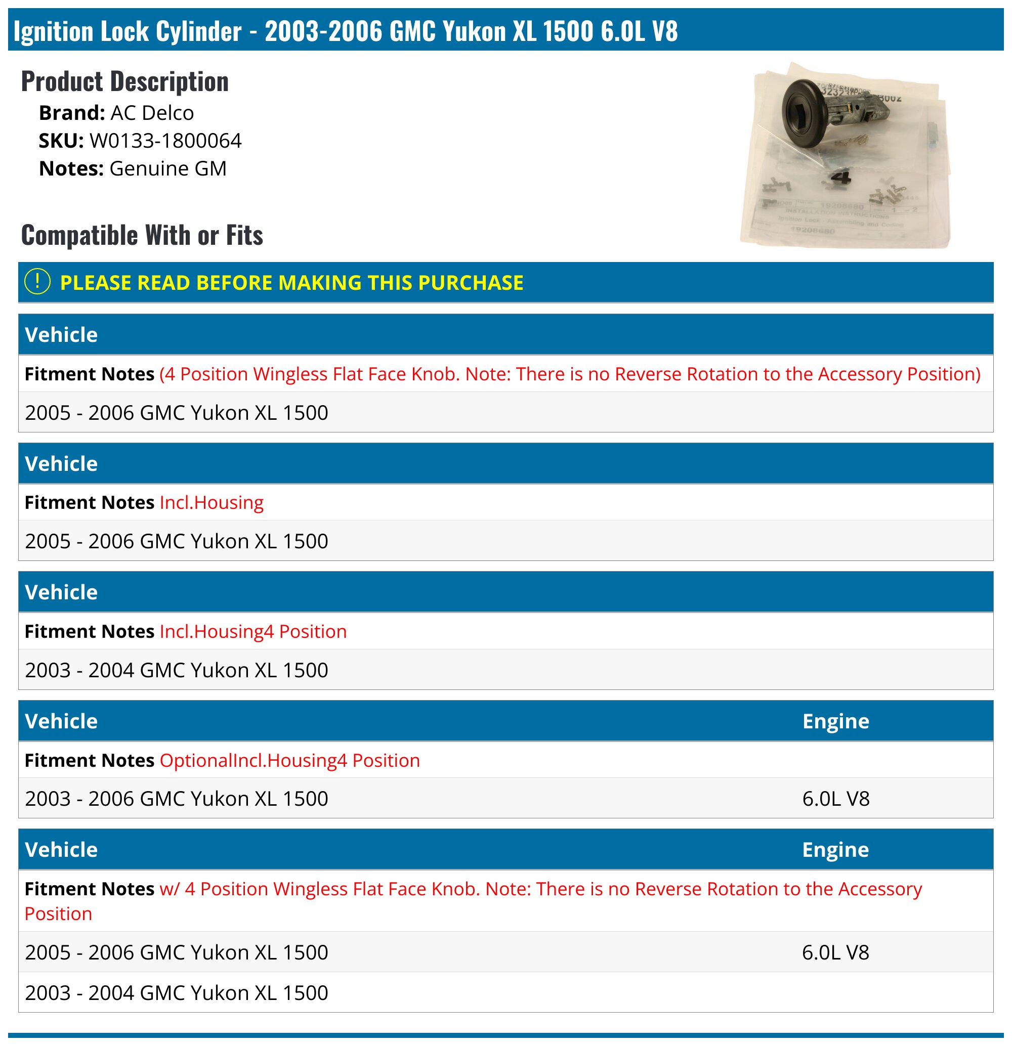 20032006 GMC Yukon XL 1500 Ignition Lock Cylinder AC Delco W0133
