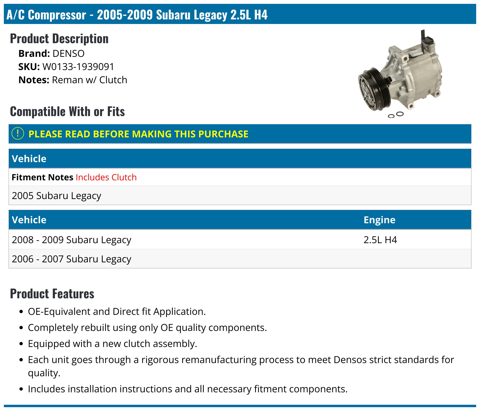 Power Steering Pump For 05-09 Subaru Legacy Outback 3.0L H6 DOHC w/ SENSOR