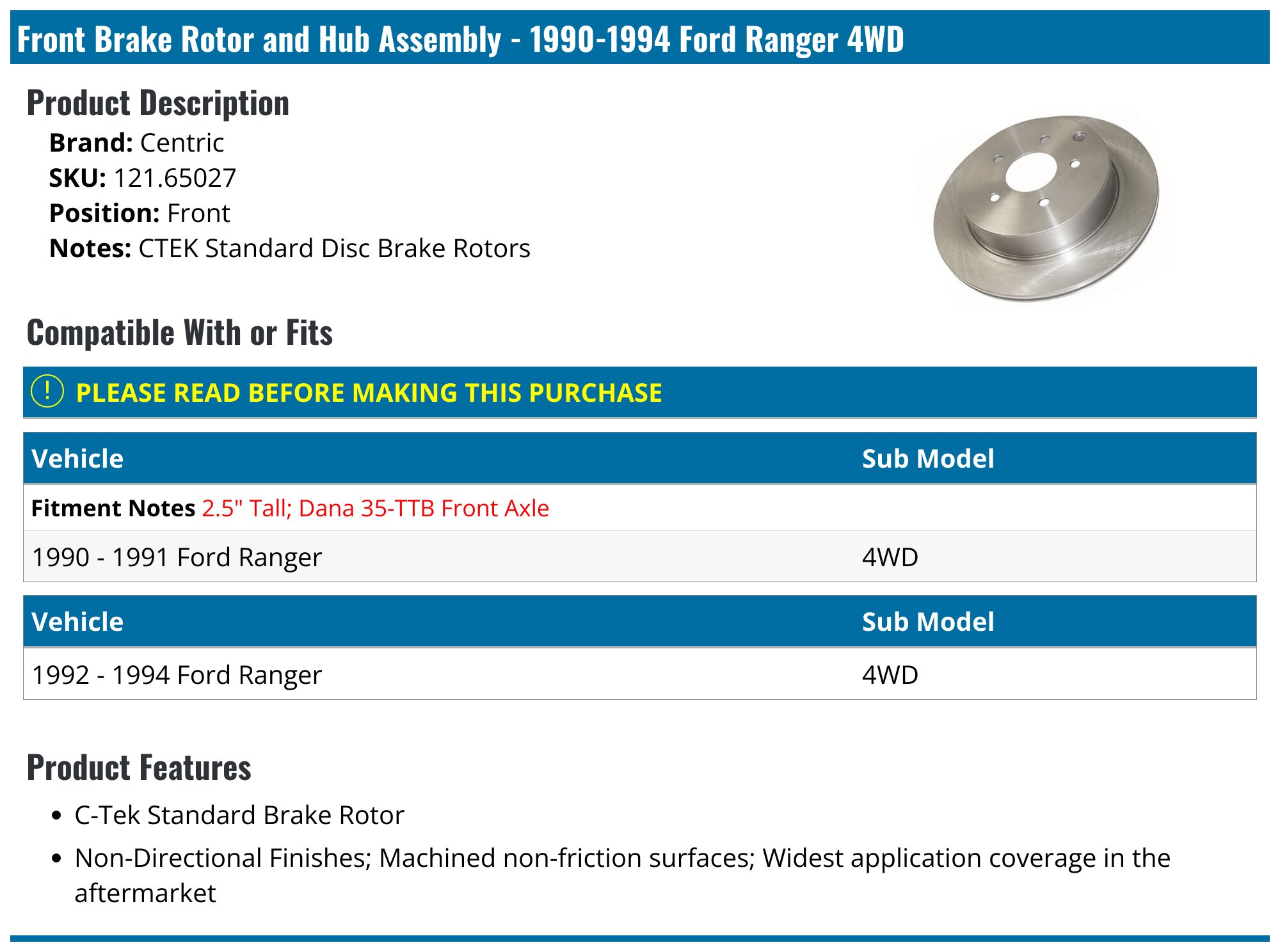 Ford Ranger Rotor Replacement 1990-1994 Ford Ranger Brake Rotor and Hub Assembly - Centric 121.65027 ...