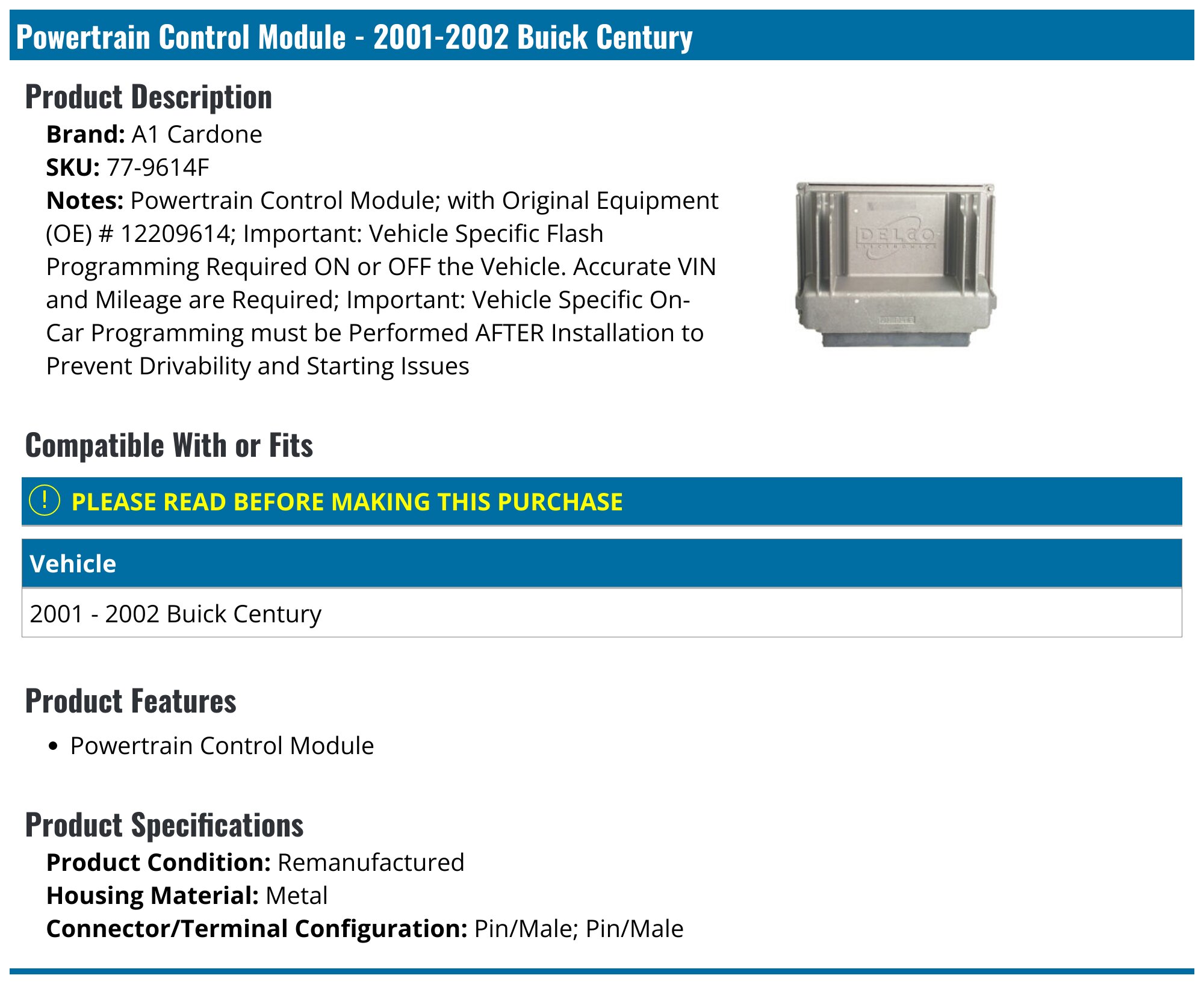 2001-2002 Buick Century Powertrain Control Module - A1 Cardone 77-9614F ...