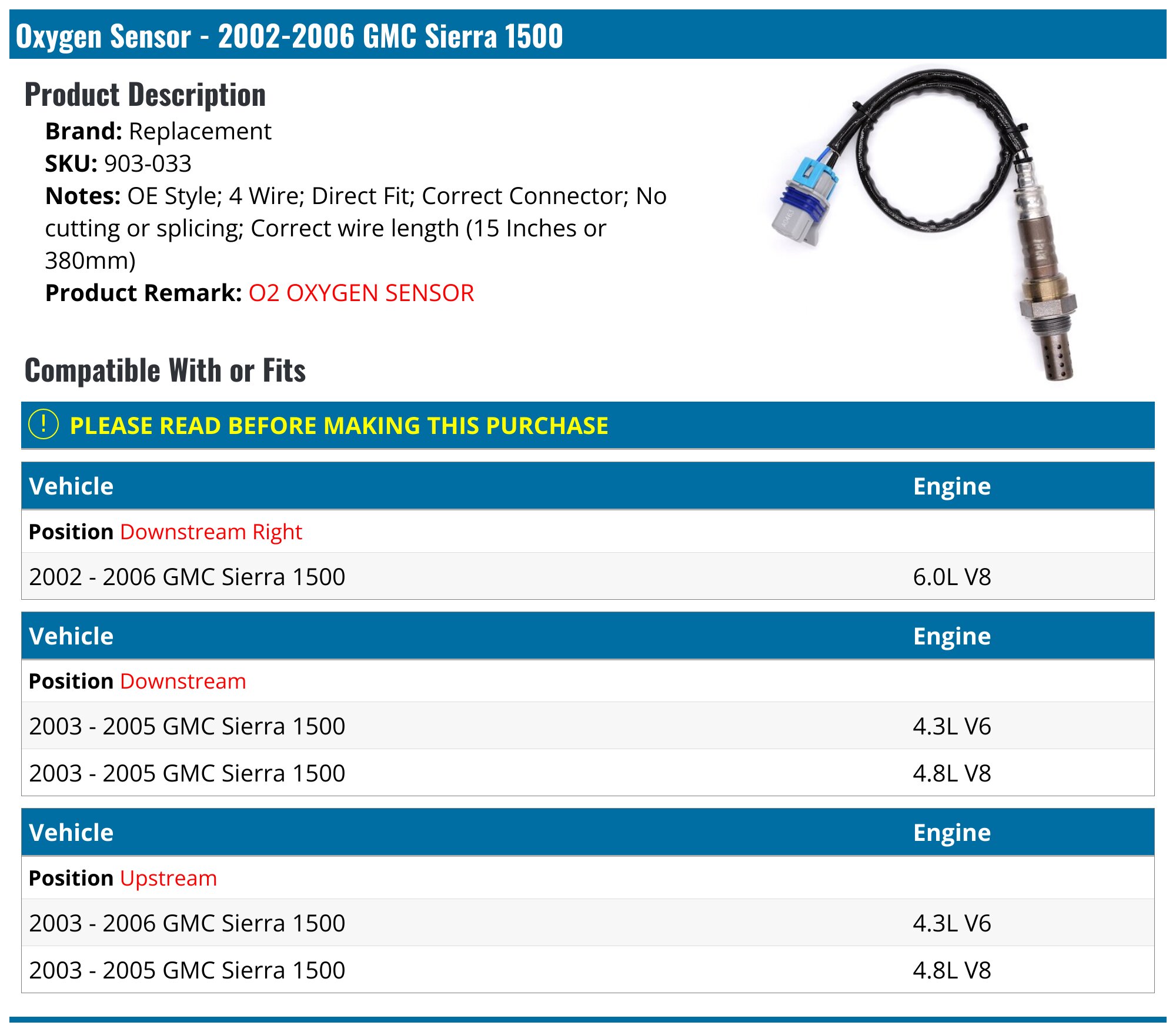 Bodeman O2 Oxygen Sensor For 2000-2002 Chevy GMC Silverado Sierra 1500 – 4.3L 4.8L 5.3L – Upstream/Downstream