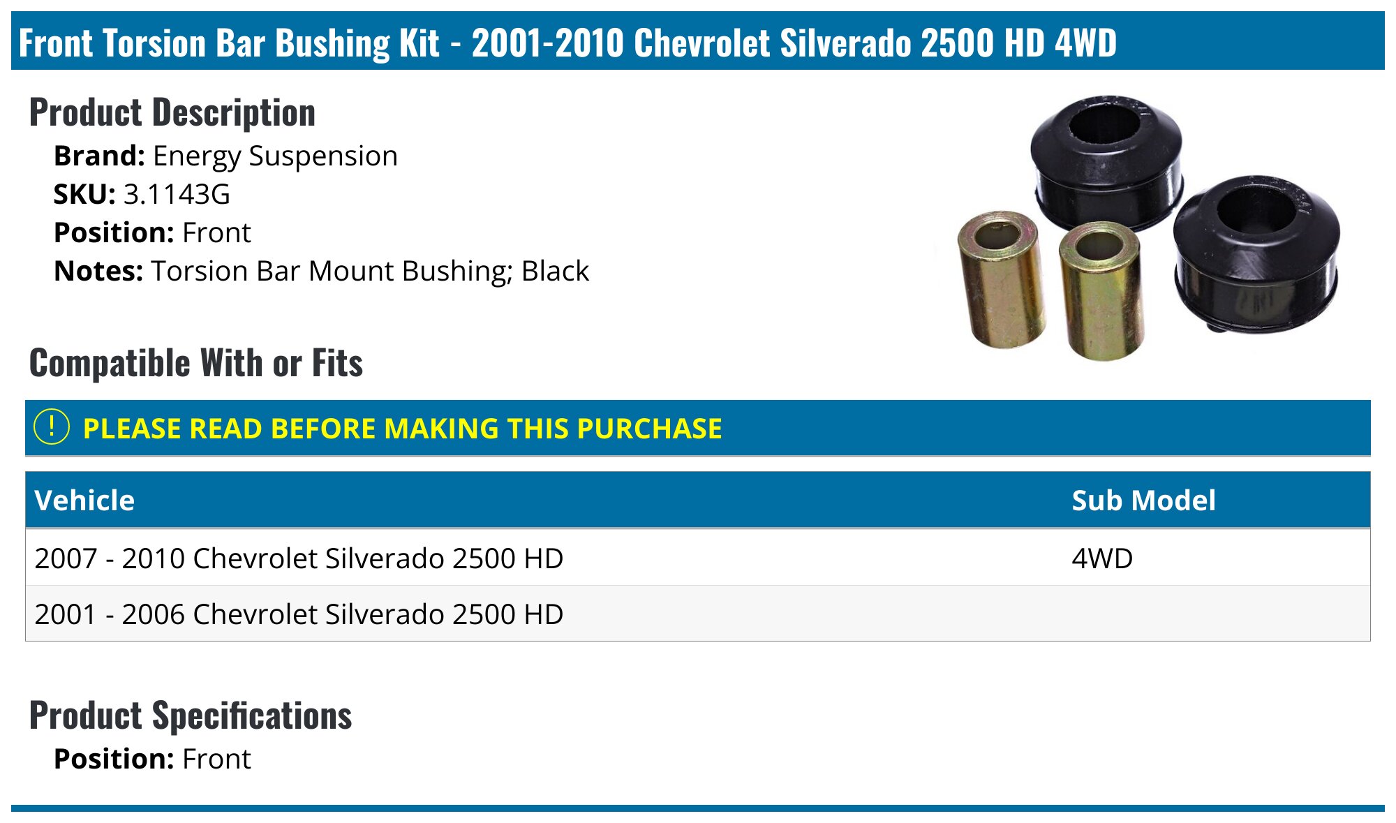 2001-2010 Chevrolet Silverado 2500 HD Torsion Bar Bushing - Energy ...