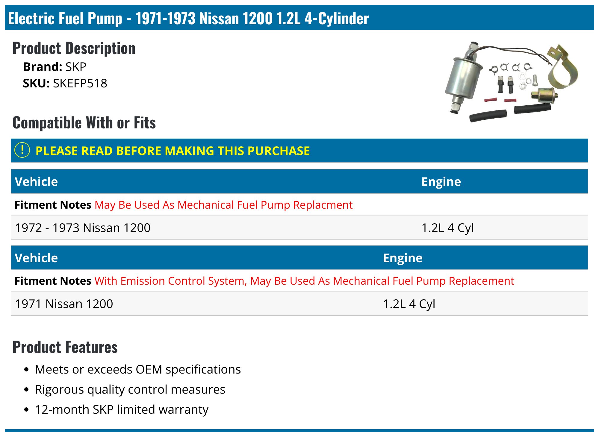 1971-1973 Nissan 1200 Fuel Pump - SKP SKEFP518 - PartsGeek.com