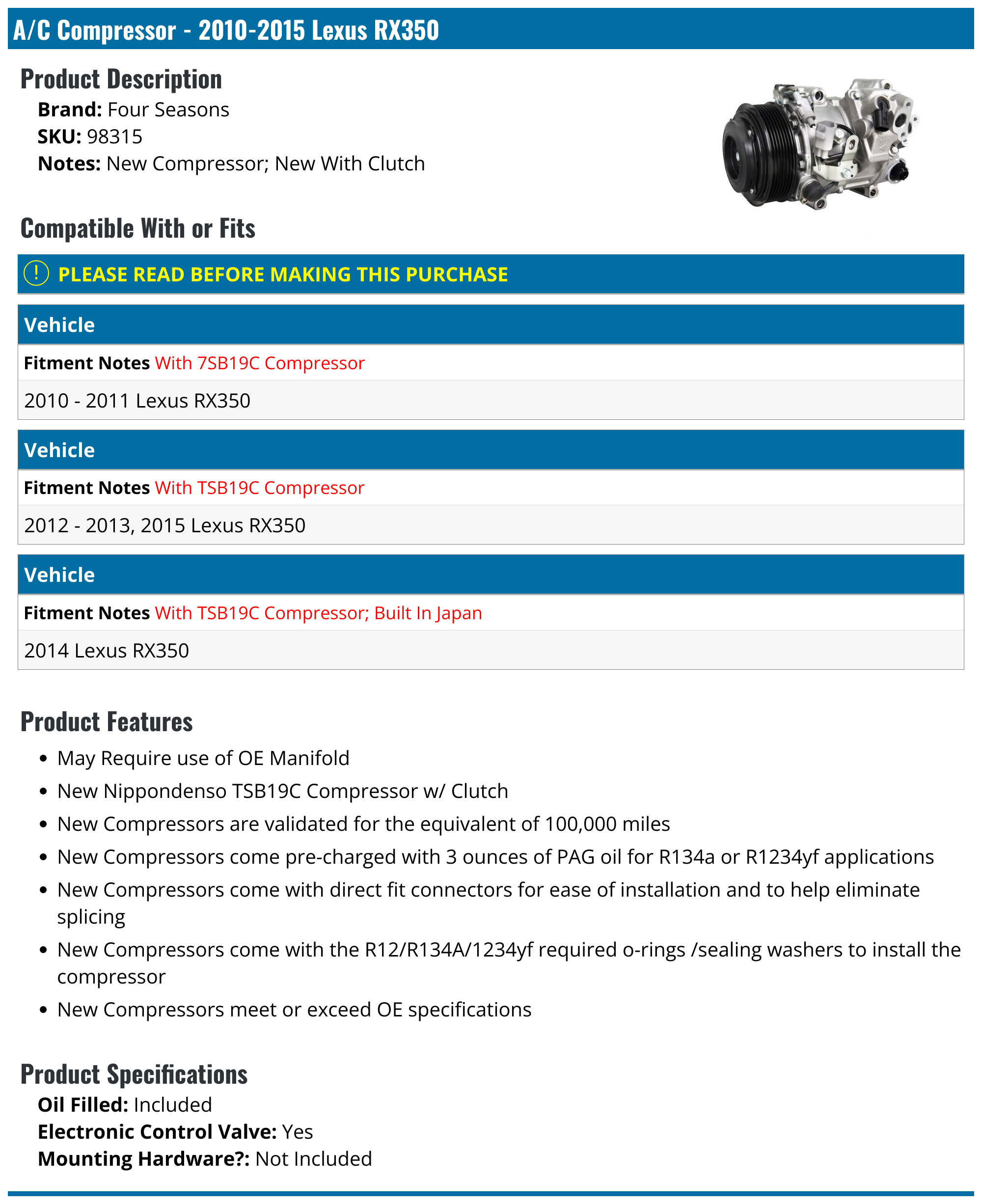 2010-2015 Lexus RX350 A/C Compressor - Four Seasons 98315 - PartsGeek.com