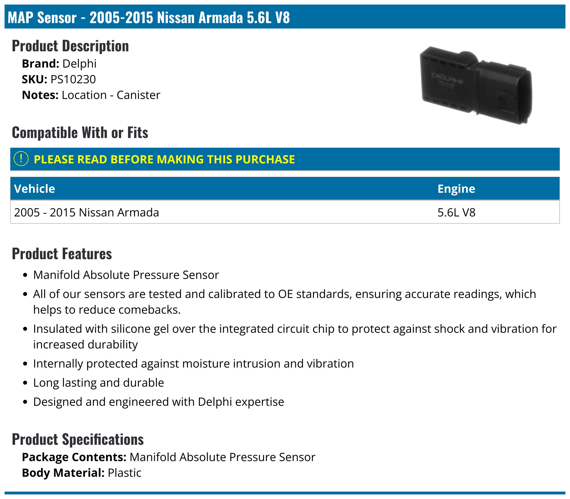 2005-2015 Nissan Armada MAP Sensor - Delphi PS10230 - PartsGeek.com