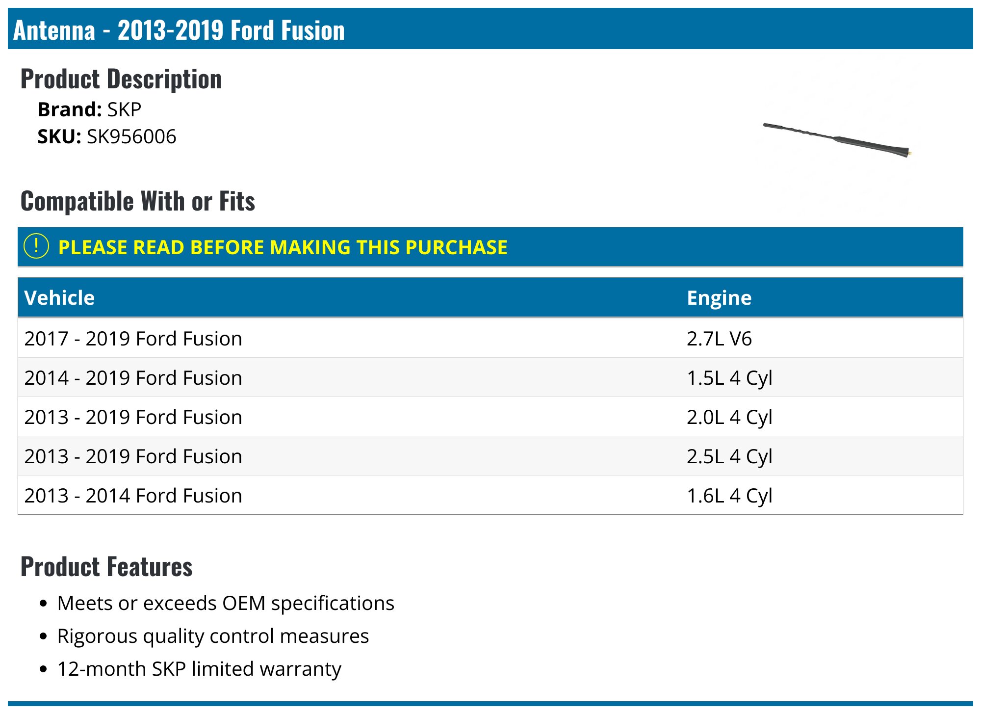2013-2019 Ford Fusion Antenna - SKP SK956006 - PartsGeek.com