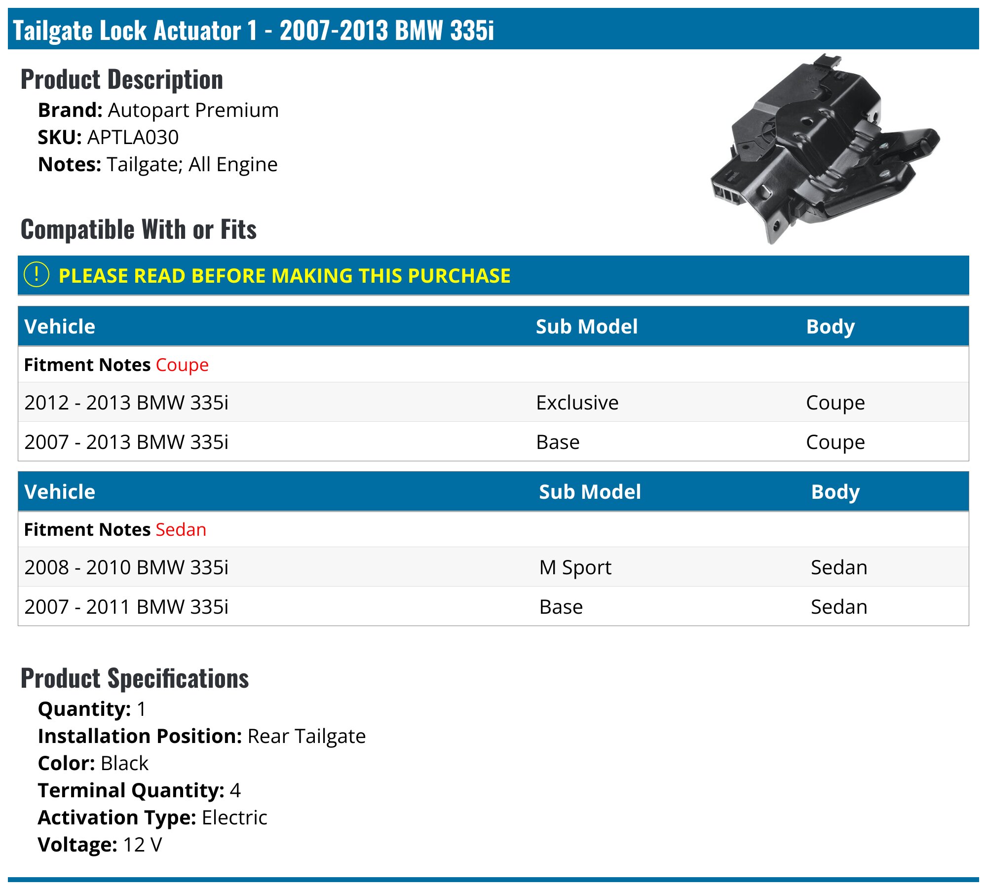 2007-2013 BMW 335i Trunk Lock Actuator Motor - Autopart Premium ...