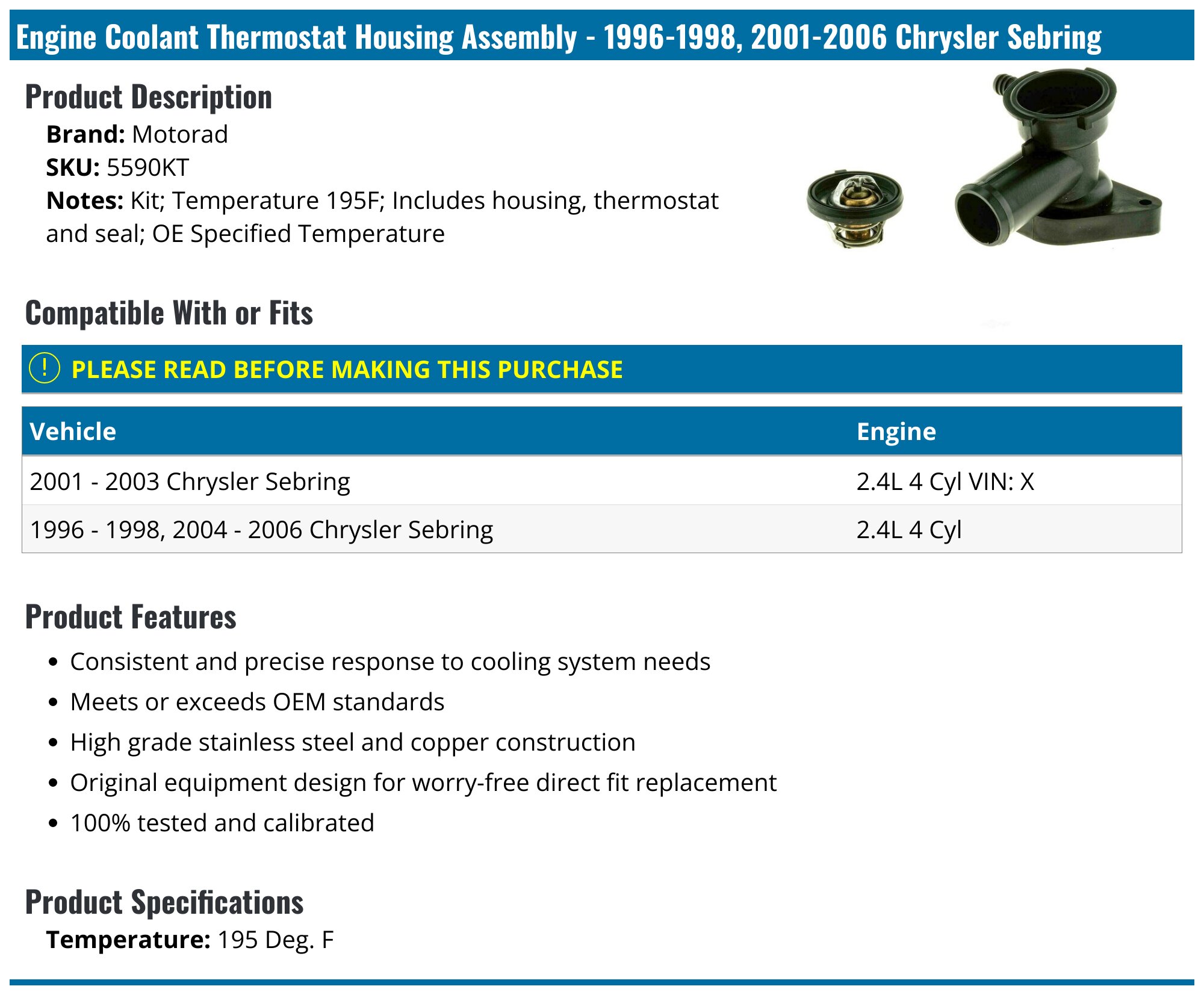 Thermostat De Pompe à Eau Pour Chrysler PT Cruiser, Sebring, Dodge… 2,4L (1995-2010) - Neuf