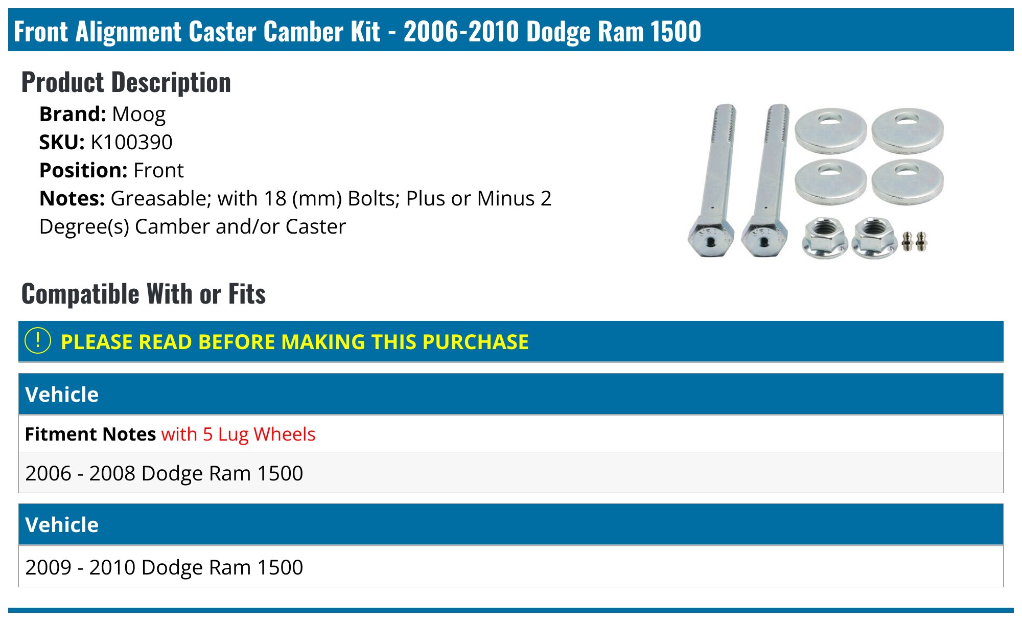 Ram Alignment 2006-2010 Dodge Ram 1500 Alignment Caster Camber Kit - Moog K100390 ...