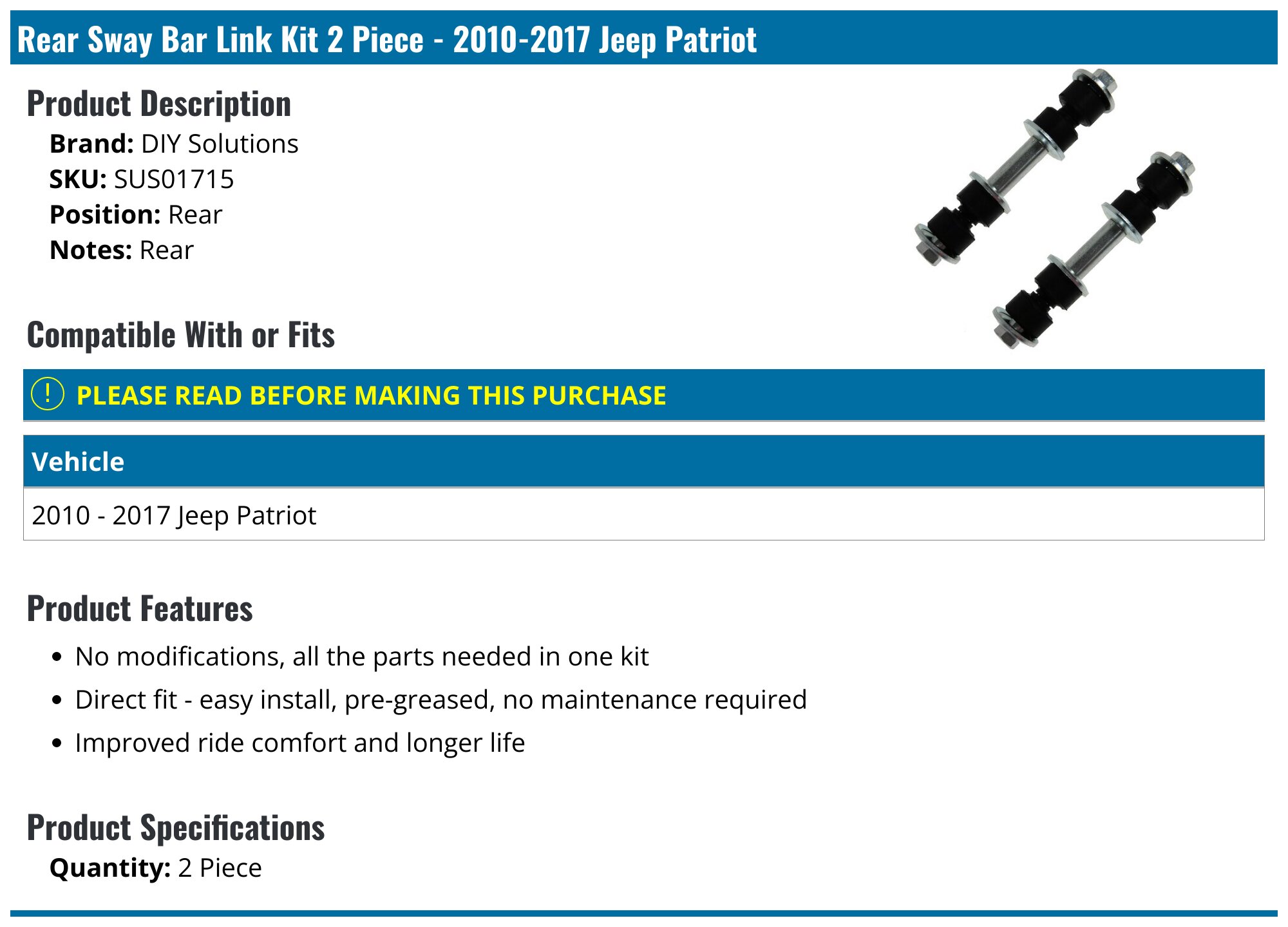 20102017 Jeep Patriot Sway Bar Link DIY Solutions SUS01715 Rear