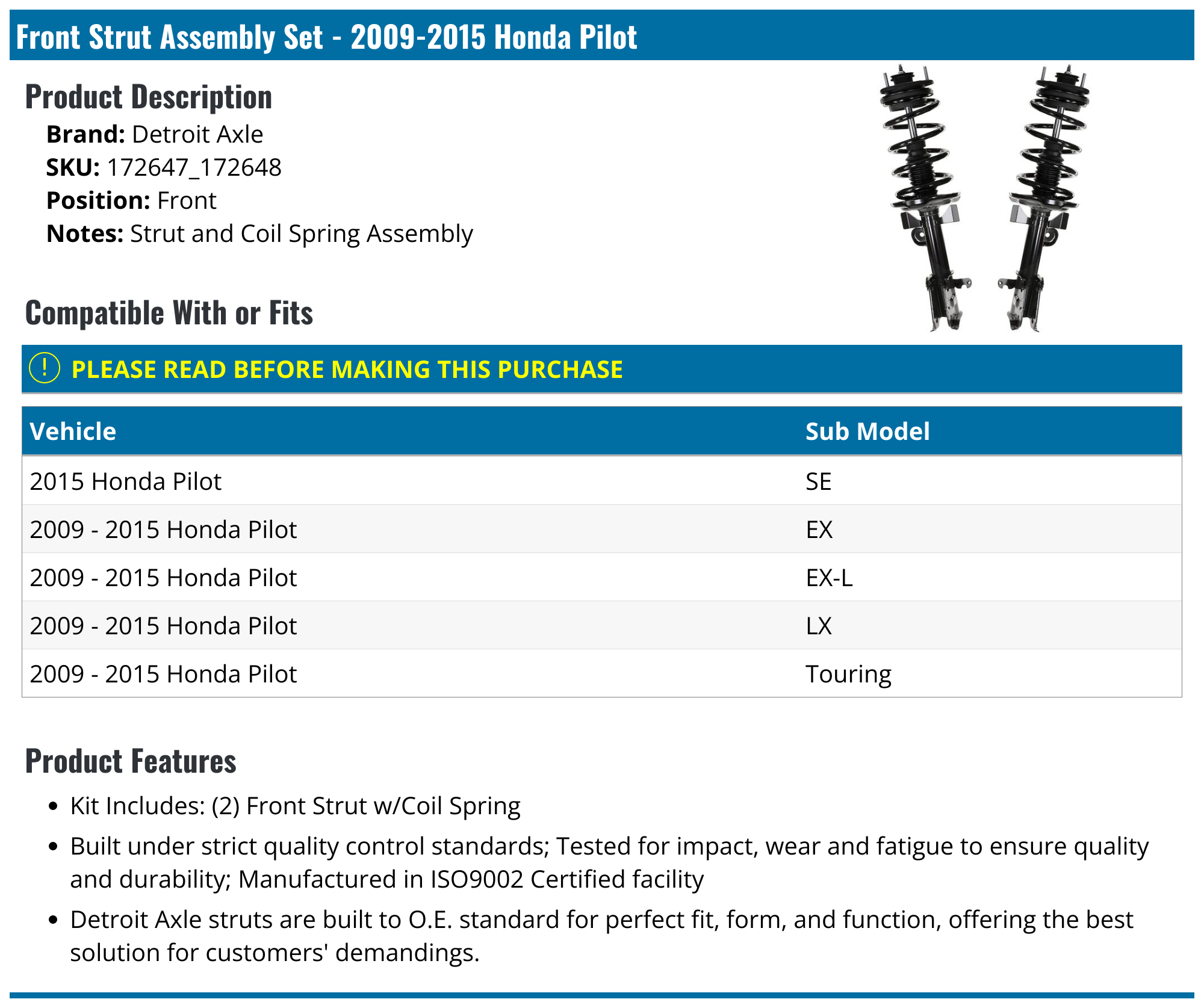 20092015 Honda Pilot Strut Assembly Detroit Axle 172647_172648