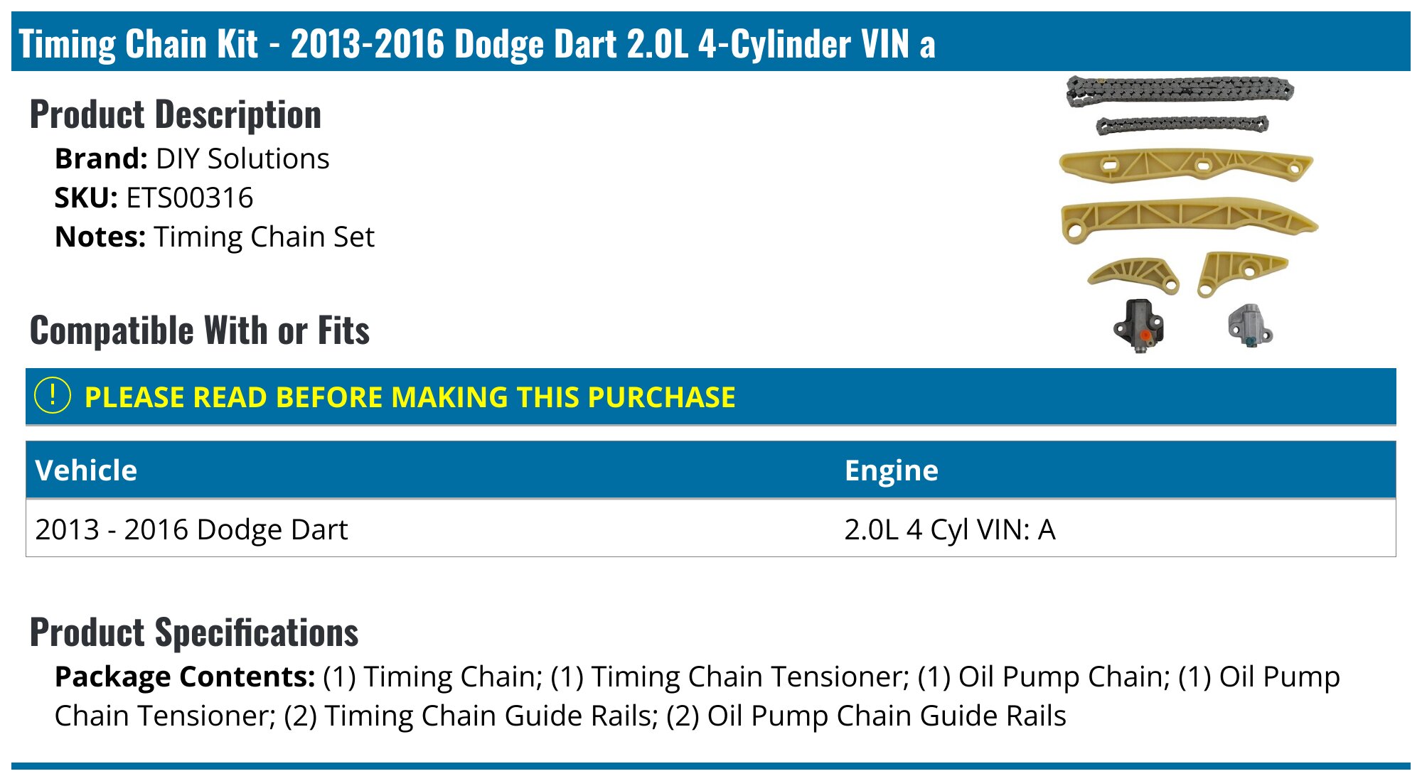 20132016 Dodge Dart Timing Chain DIY Solutions ETS00316