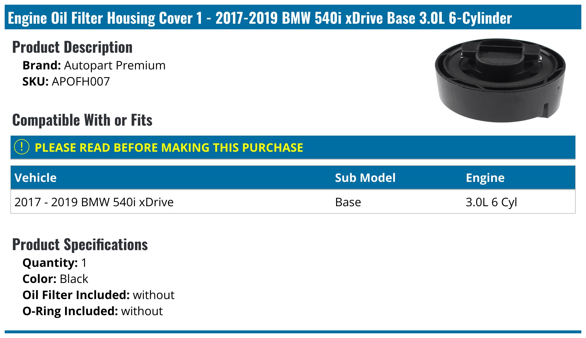 2017-2019 BMW 540i xDrive Engine Oil Filter Housing Cover - Autopart ...