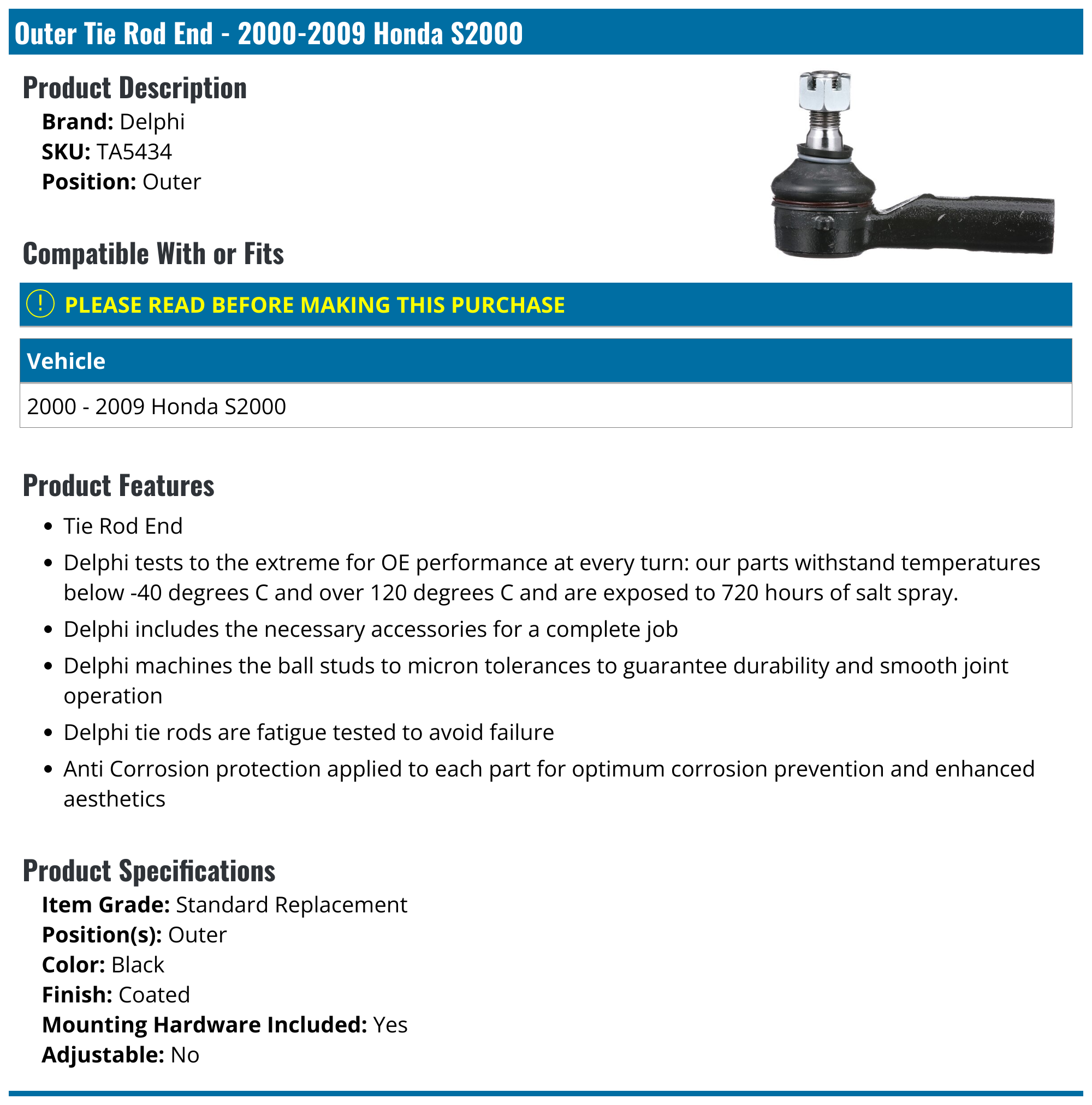 20002009 Honda S2000 Tie Rod End Delphi TA5434 Outer
