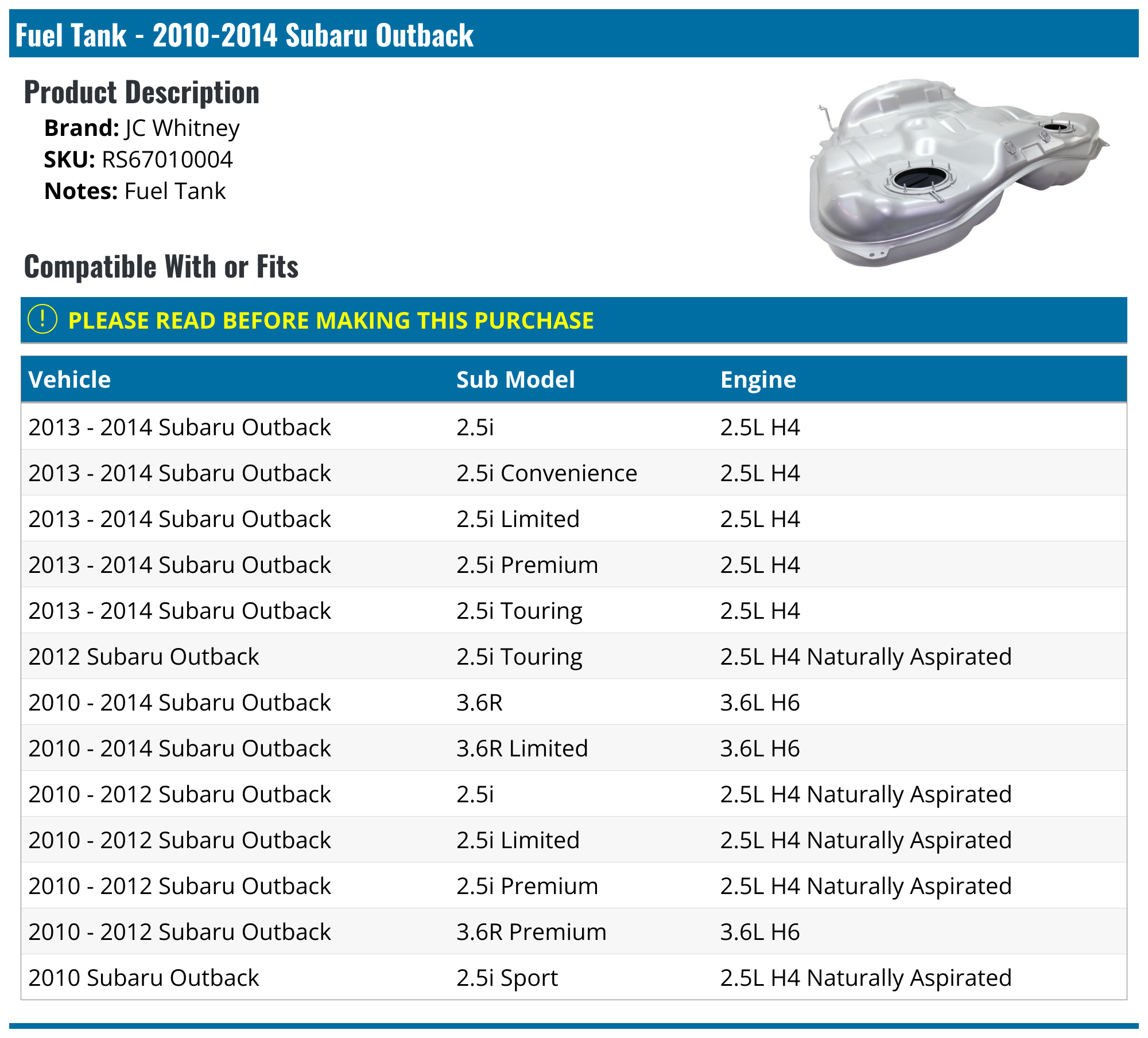 20102014 Subaru Outback Fuel Tank JC Whitney RS67010004