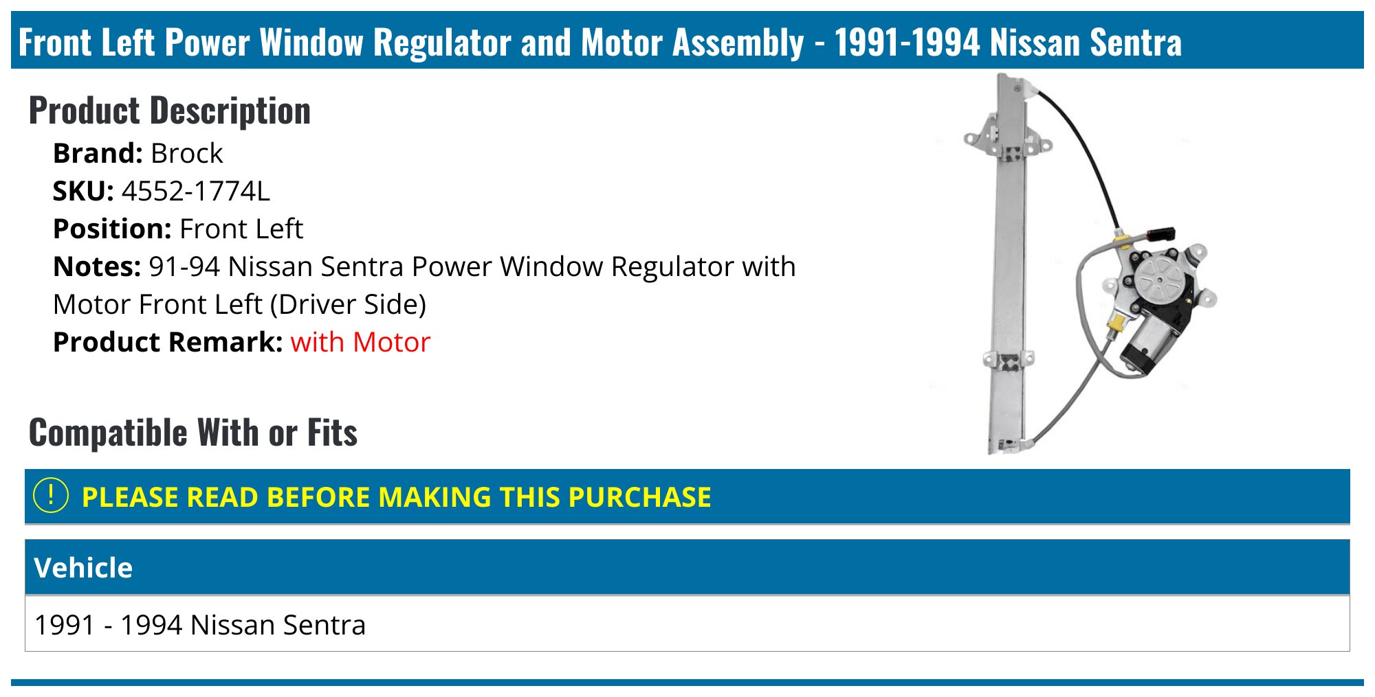 Front Driver Side Window Regulator With Motor For Nissan Sentra 2000-2006 – Power Operation
