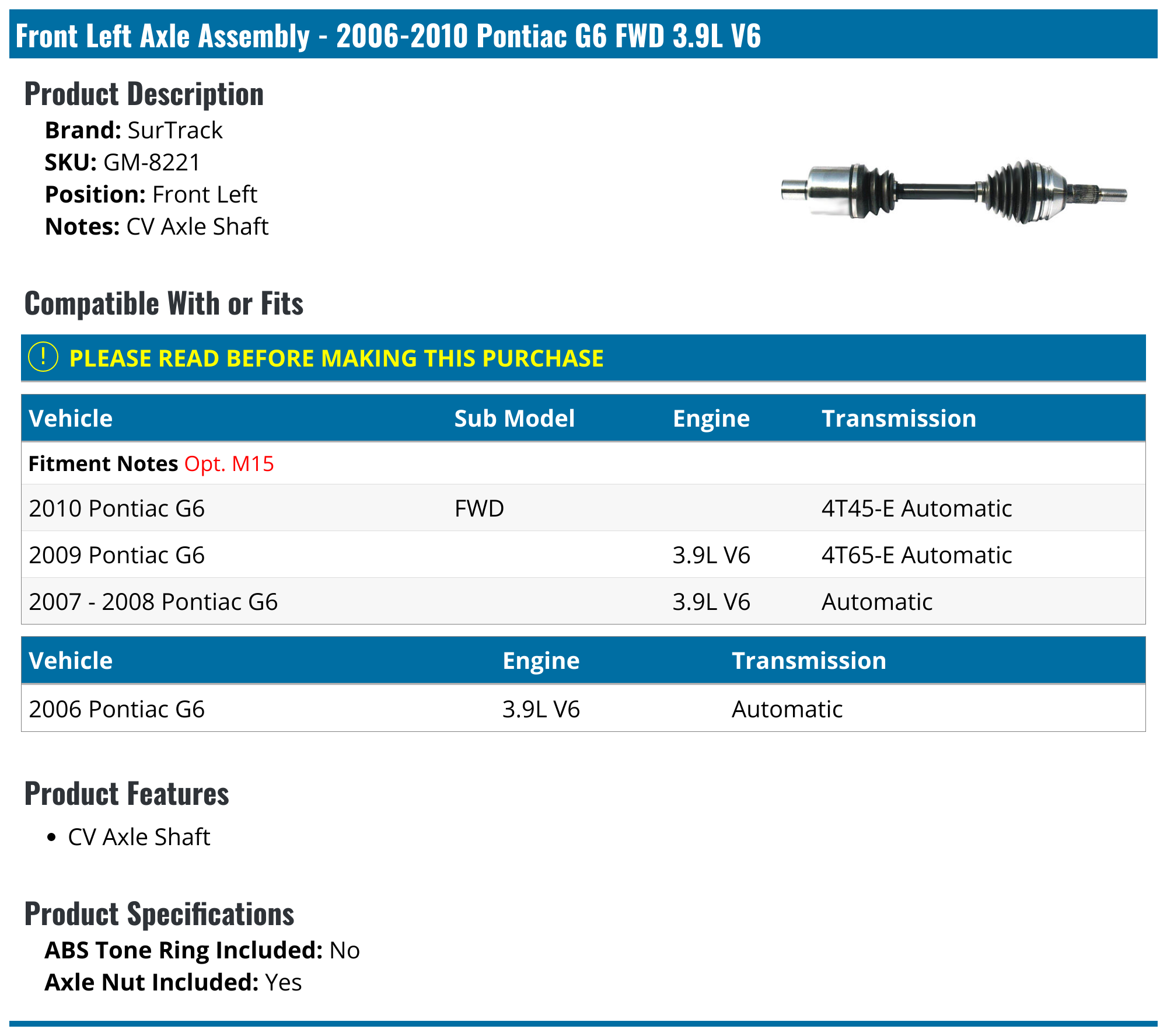 20062010 Pontiac G6 Axle Assembly SurTrack GM8221 Front Left