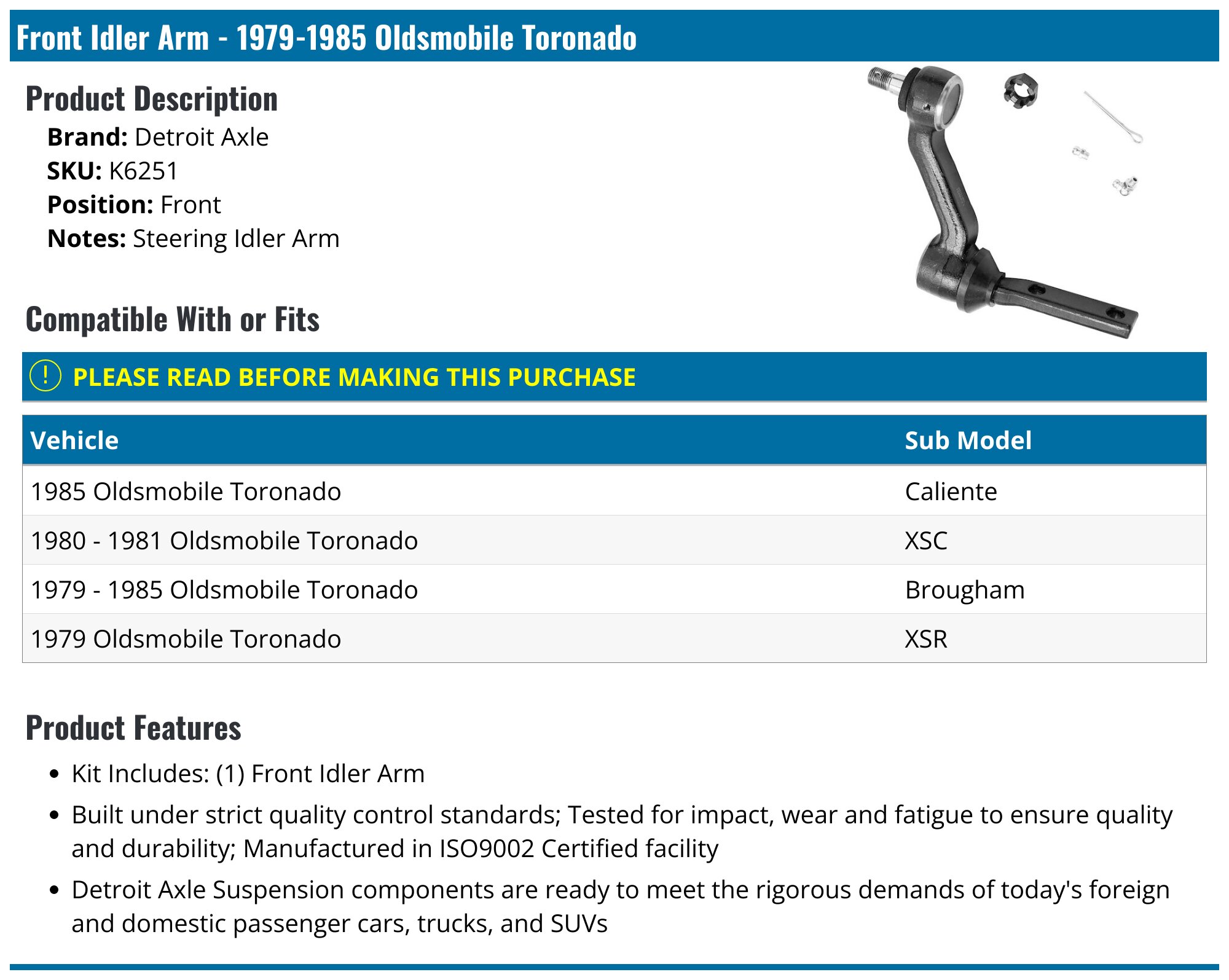 19791985 Oldsmobile Toronado Idler Arm Detroit Axle K6251 Front