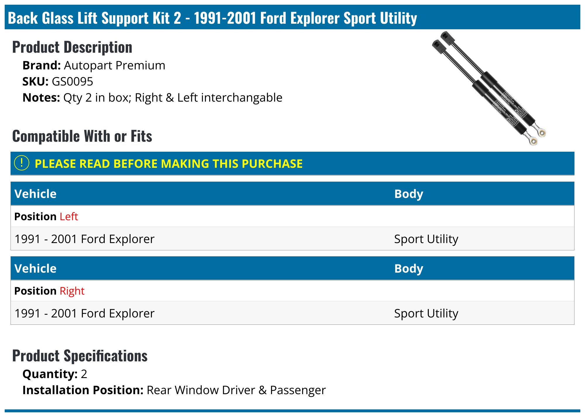 2x Front Hood Lift Supports/Struts For 1991-2001 Ford Explorer - Direct Fit, Gas Spring Replacement 2 thumbnail image