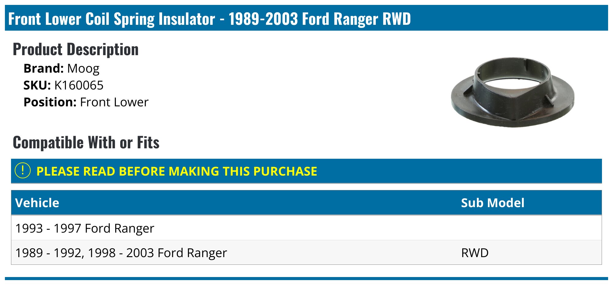 1989-2003 Ford Ranger Coil Spring Insulator - Moog K160065 - Front ...
