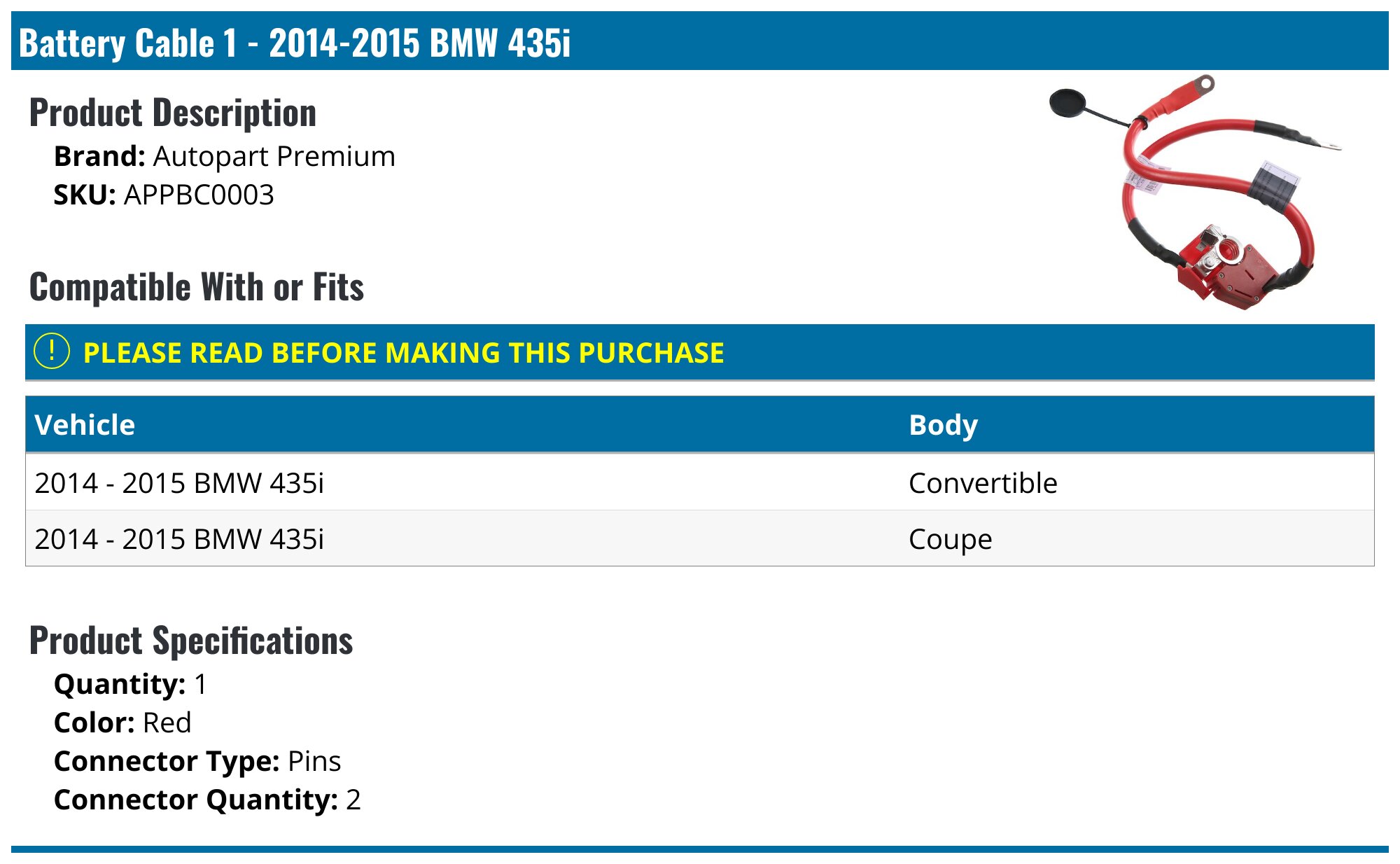 2014-2015 BMW 435i Battery Cable - Autopart Premium APPBC0003 ...