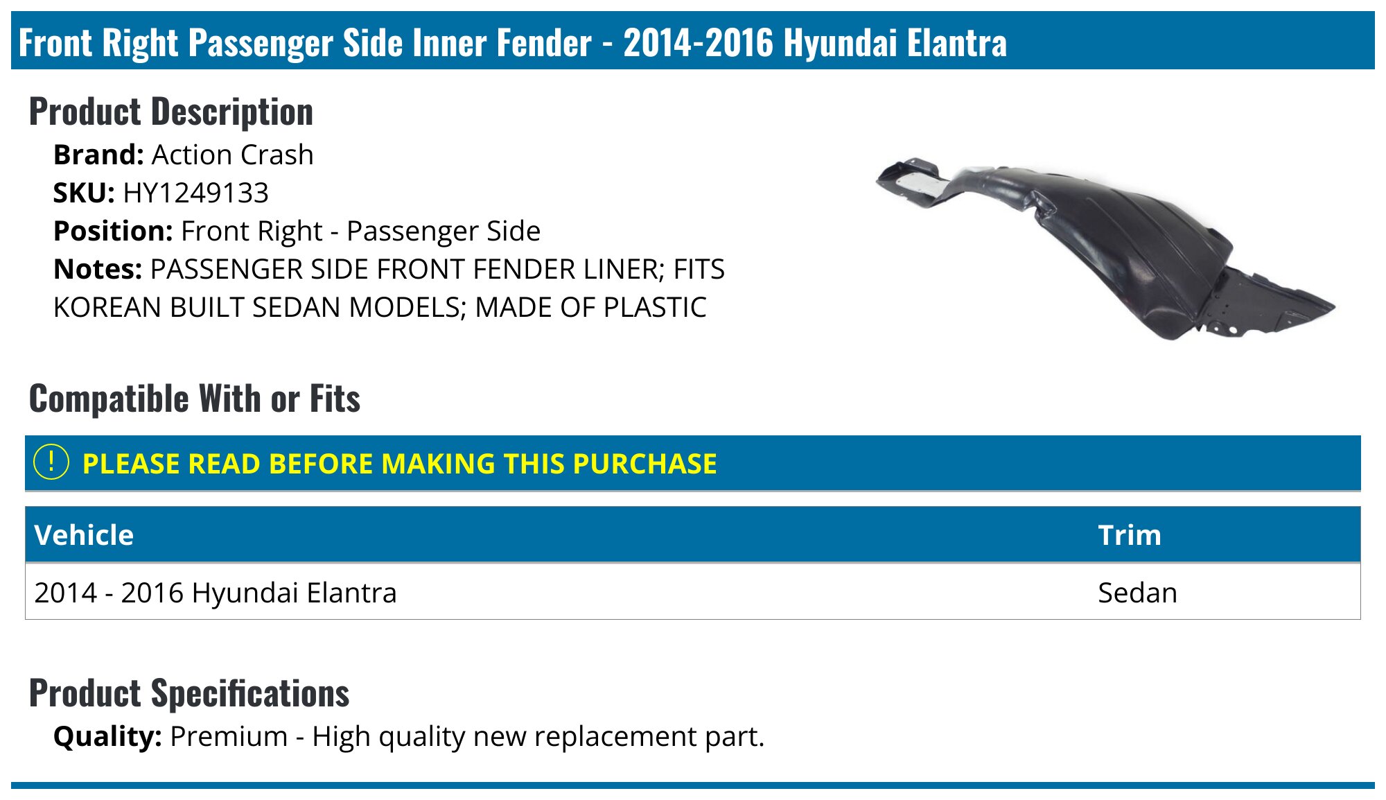 TRQ Front Right Inner Fender Liner Fits 2014-2016 Hyundai Elantra