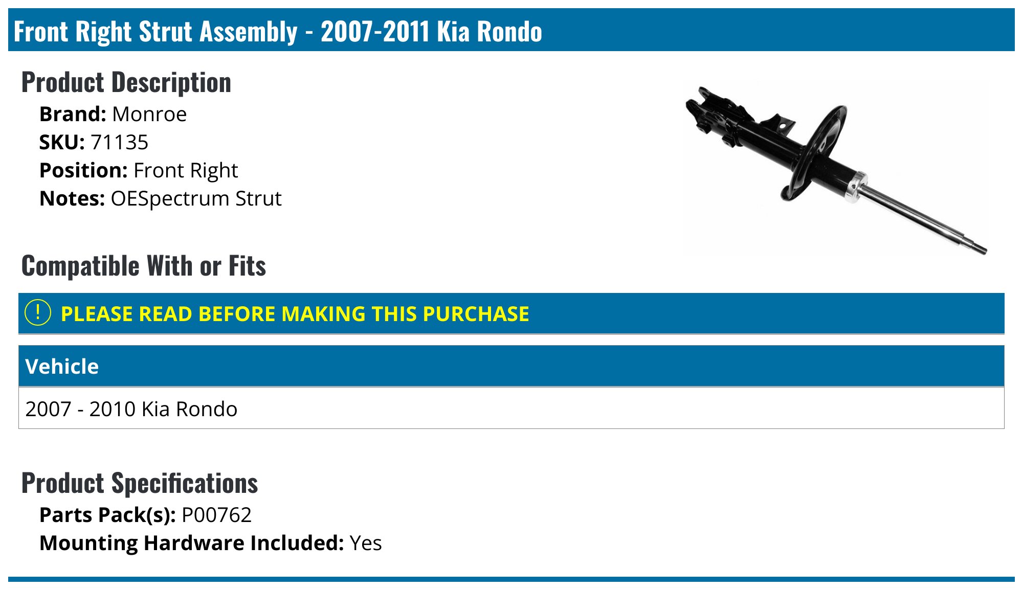 2007-2011 Kia Rondo Strut Assembly - Monroe 71135 - Front Right ...
