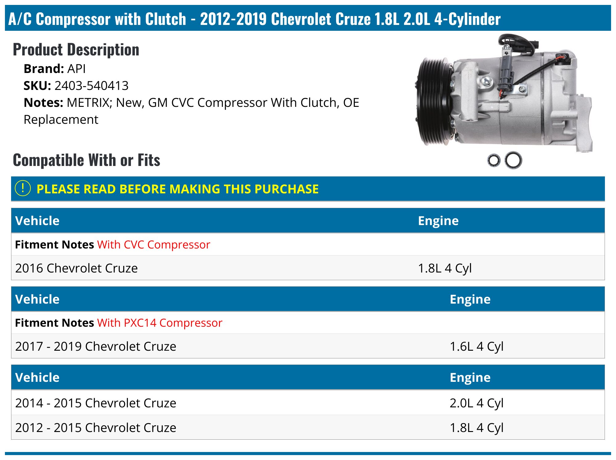 2012-2019 Chevrolet Cruze A/C Compressor - API 118586-02778351