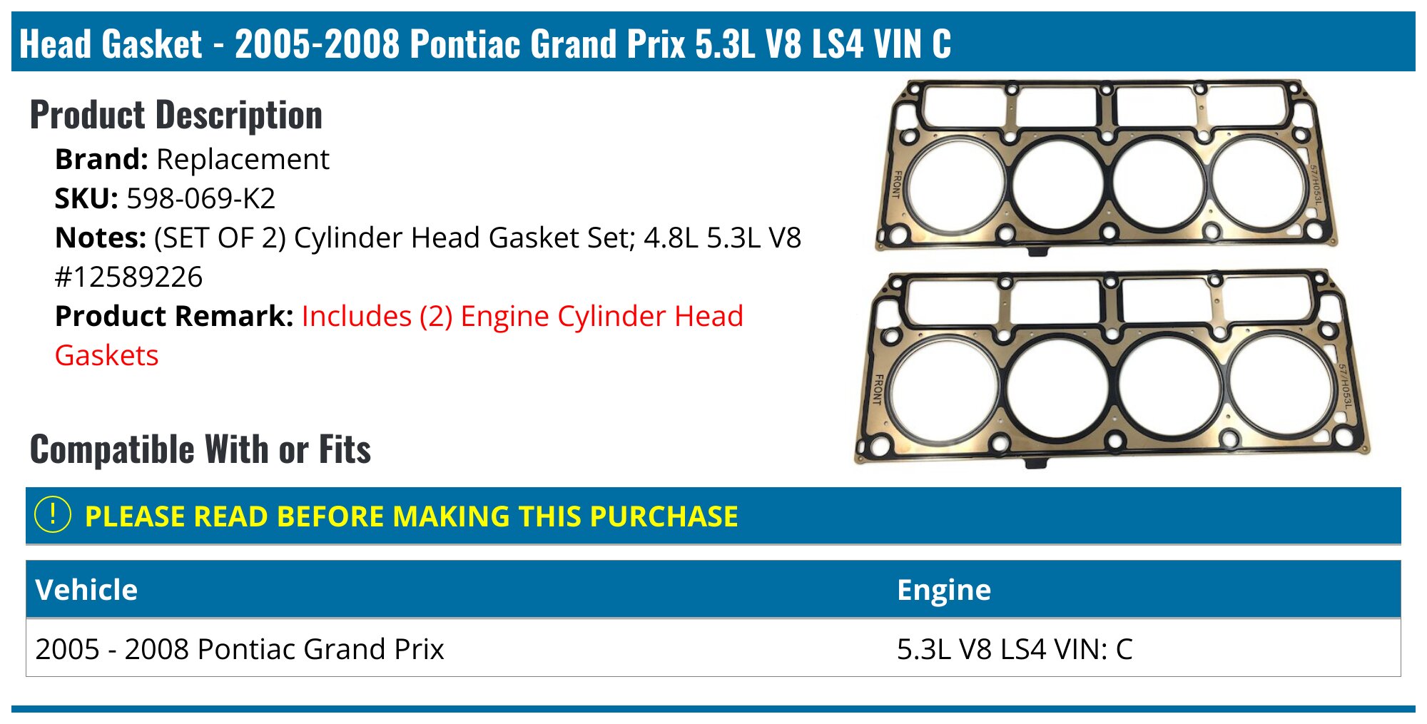 Kit De Junta De Culata Y Pernos Para Pontiac Grand Prix 06-07 3.8 OHV Superalimentado – Mizumo Auto