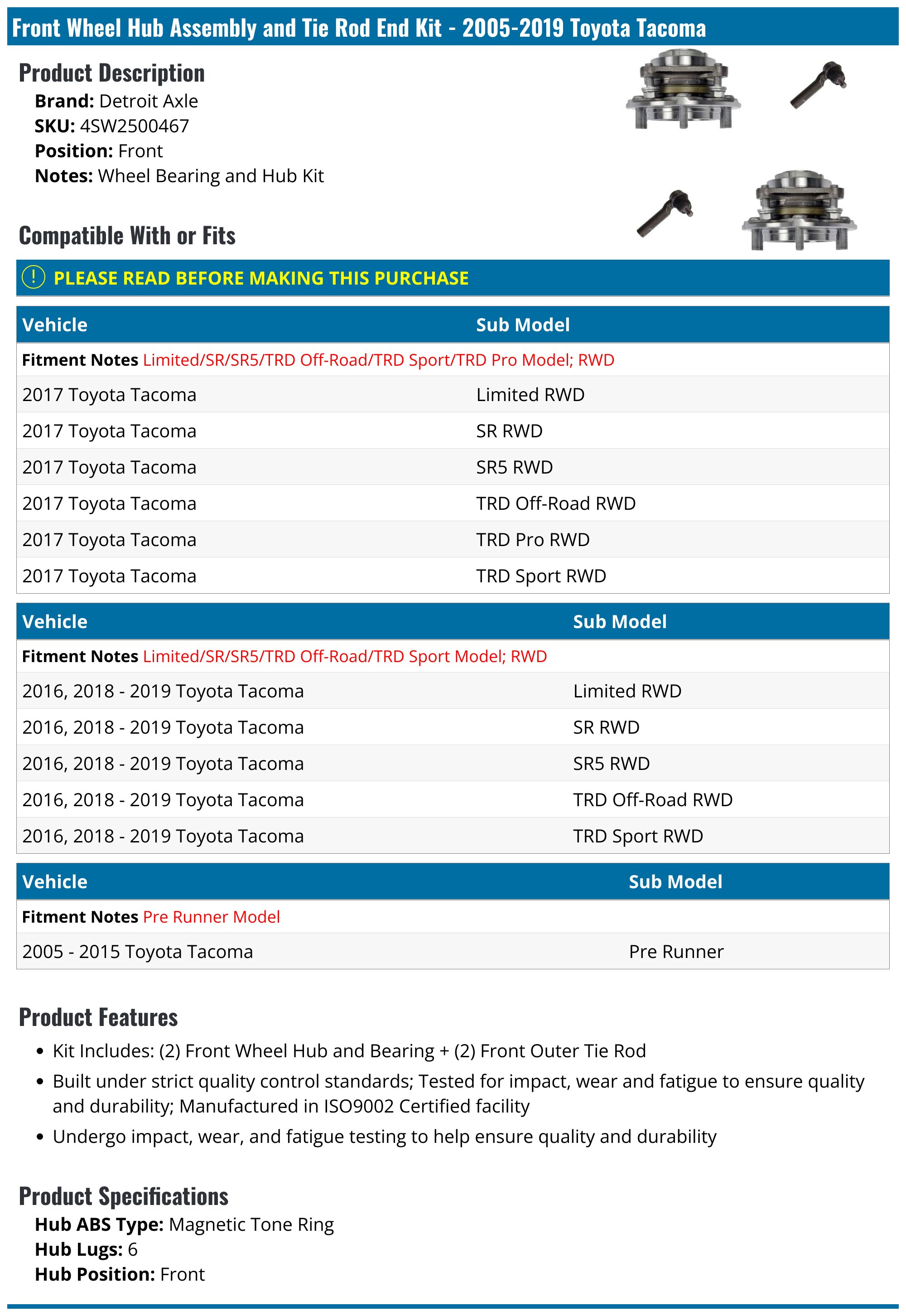 Front Wheel Hub Bearing Assembly for 2005-2021 Toyota Tacoma