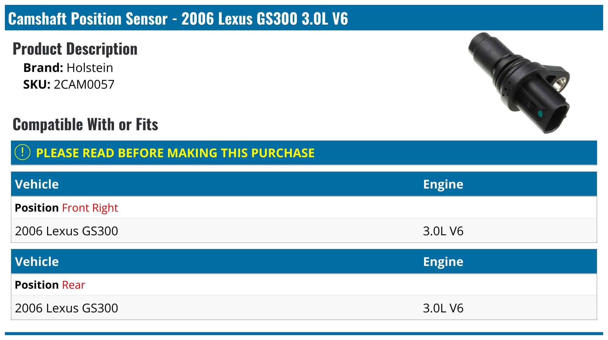 2006 Lexus GS300 Camshaft Position Sensor Holstein 2CAM0057 Rear