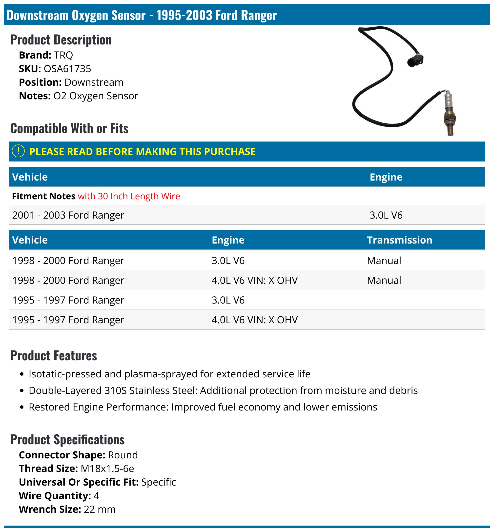 1995-2005 Ford Ranger Oxygen Sensor - TRQ OSA61735 - Downstream ...