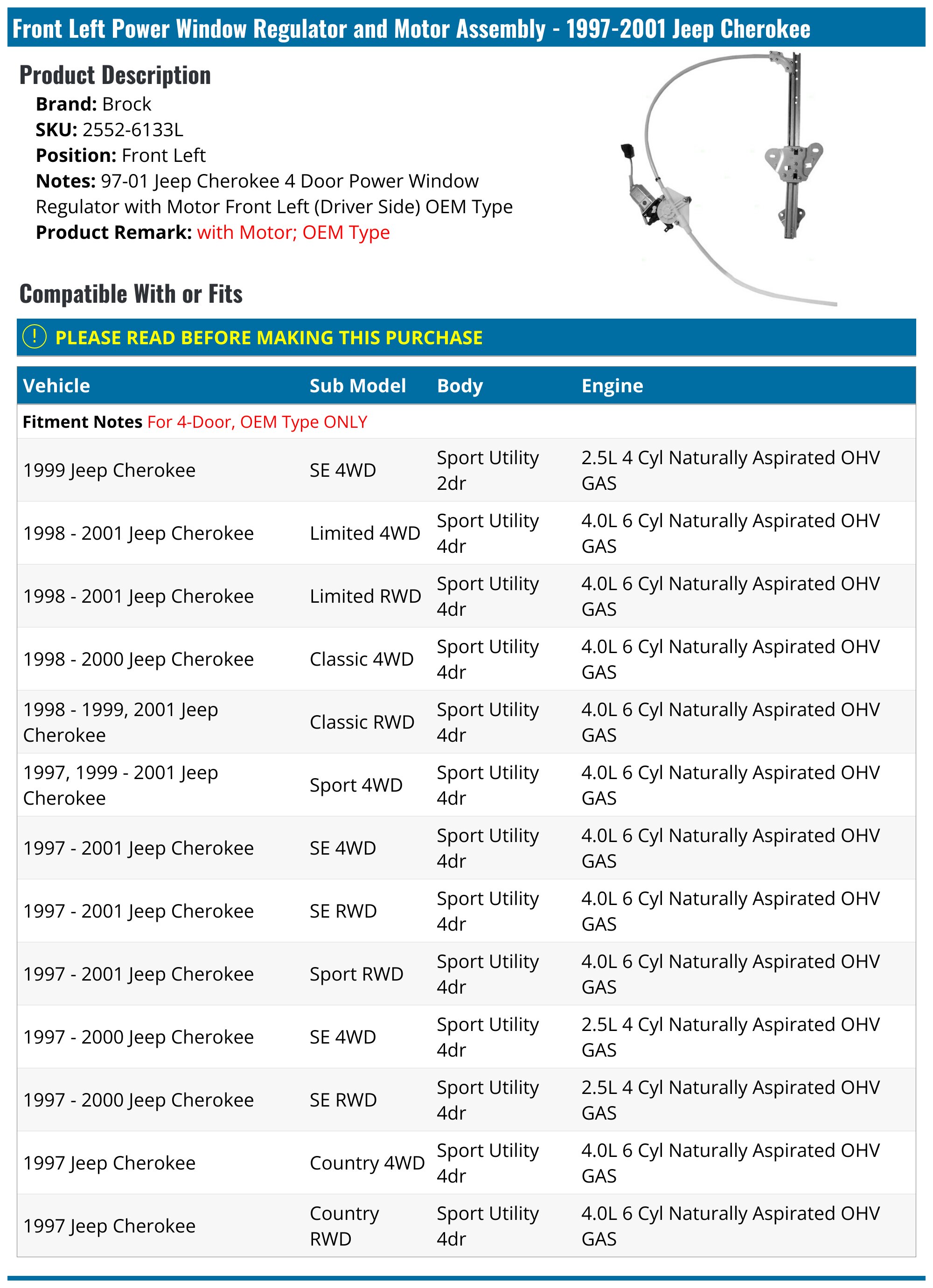 TOM AUTO PARTS Power Window Regulator Motor – Front Right For 1997-2001 Cherokee 741-769
