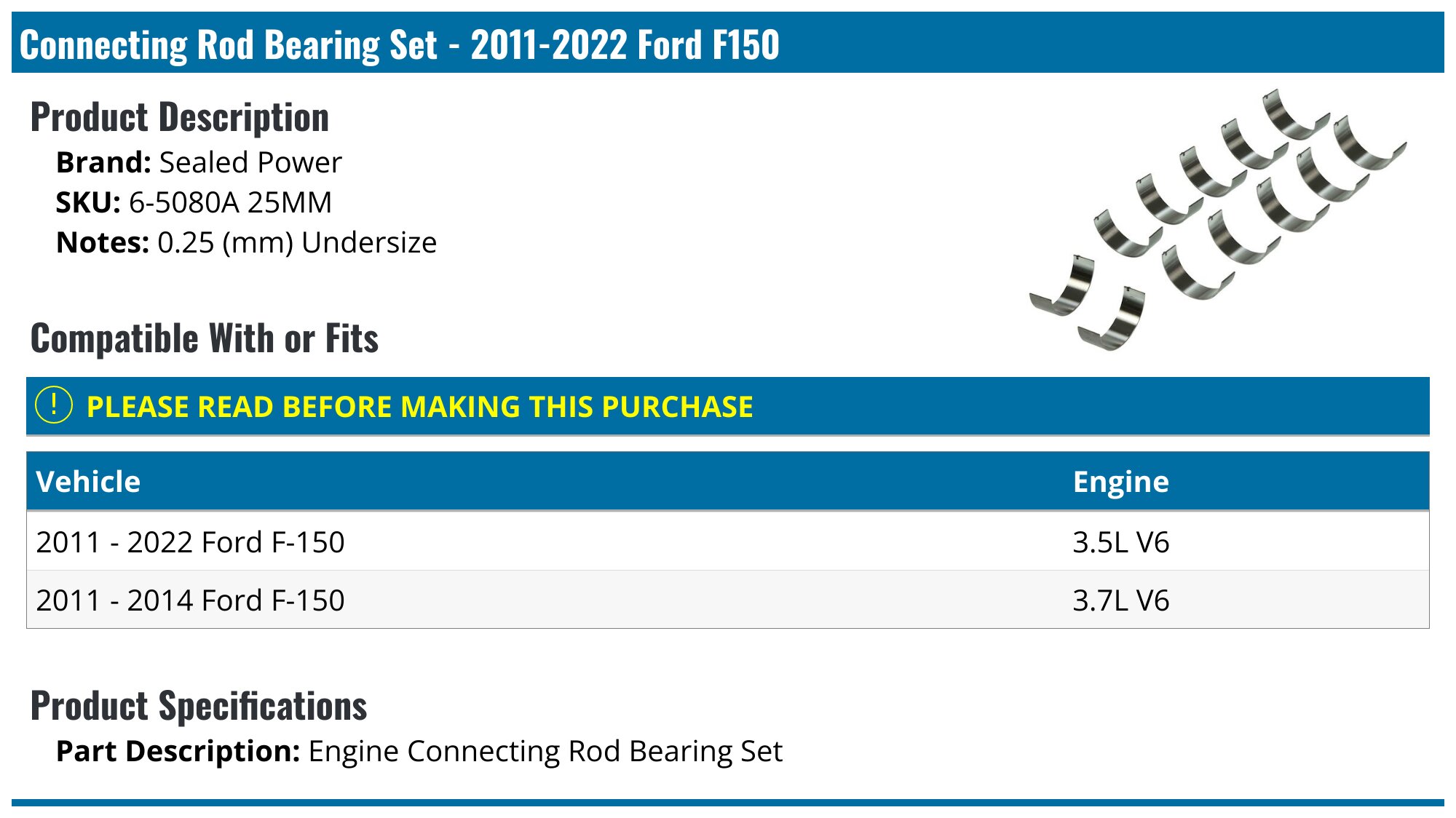 DNJ RB4198 Rod Bearing Set (6) For Ford 3.5L EcoBoost & 3.7L – F-150, Transit, Explorer