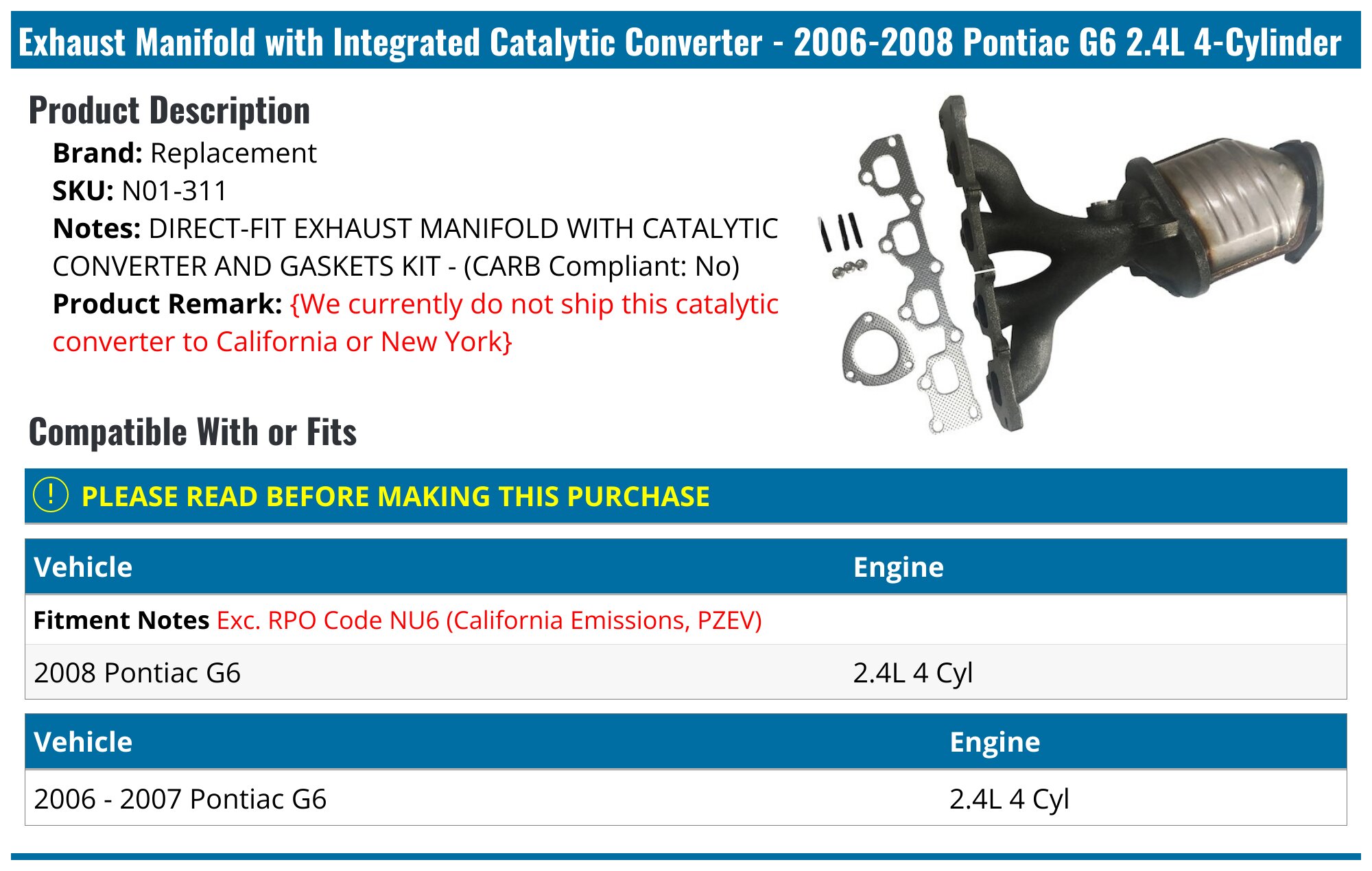 ALLSTAR Direct Fit Catalytic Converter With Front Pipe & Flex For Pontiac G6 2007-2010