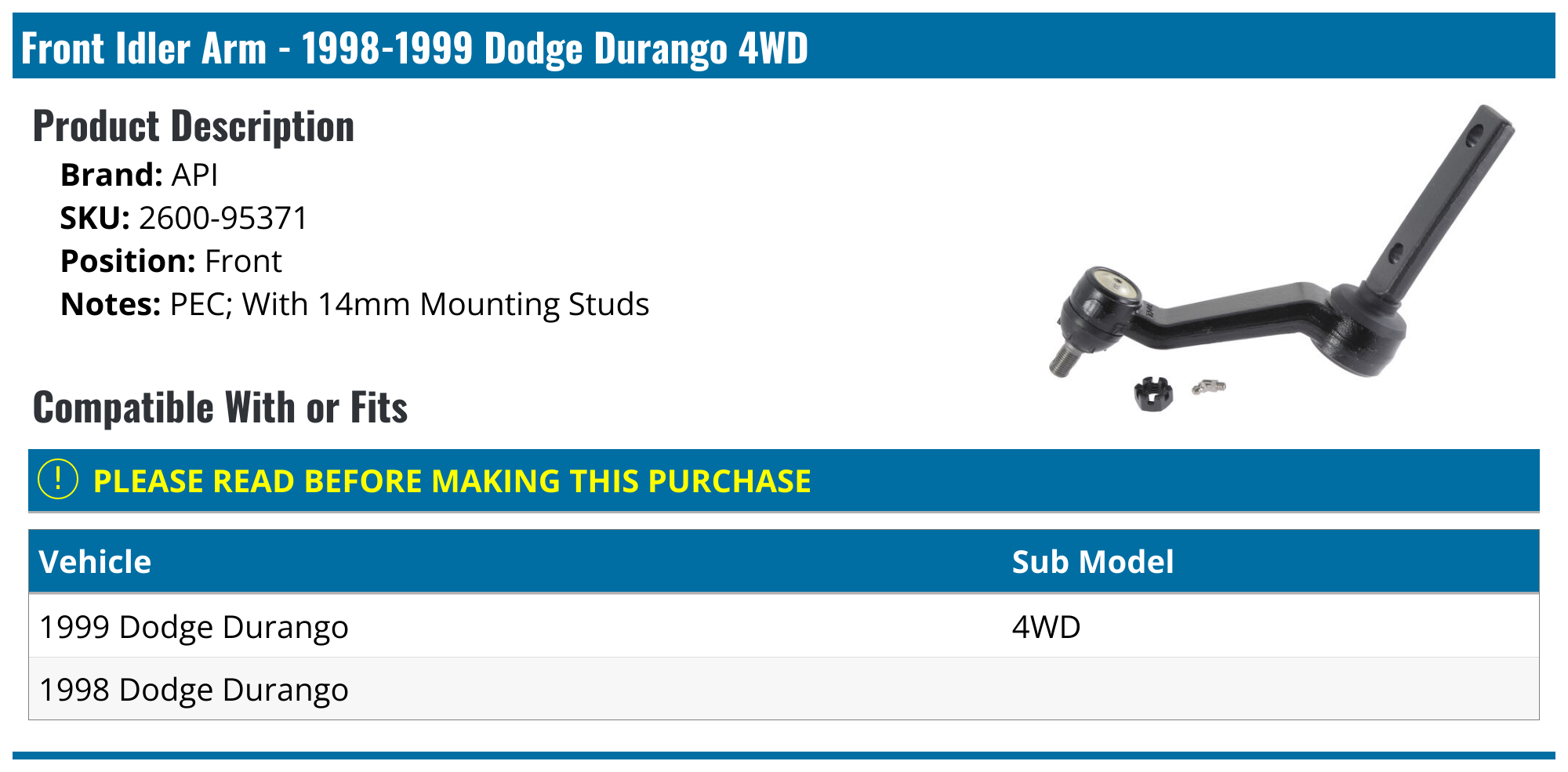 19981999 Dodge Durango Idler Arm API 187207319396 Front