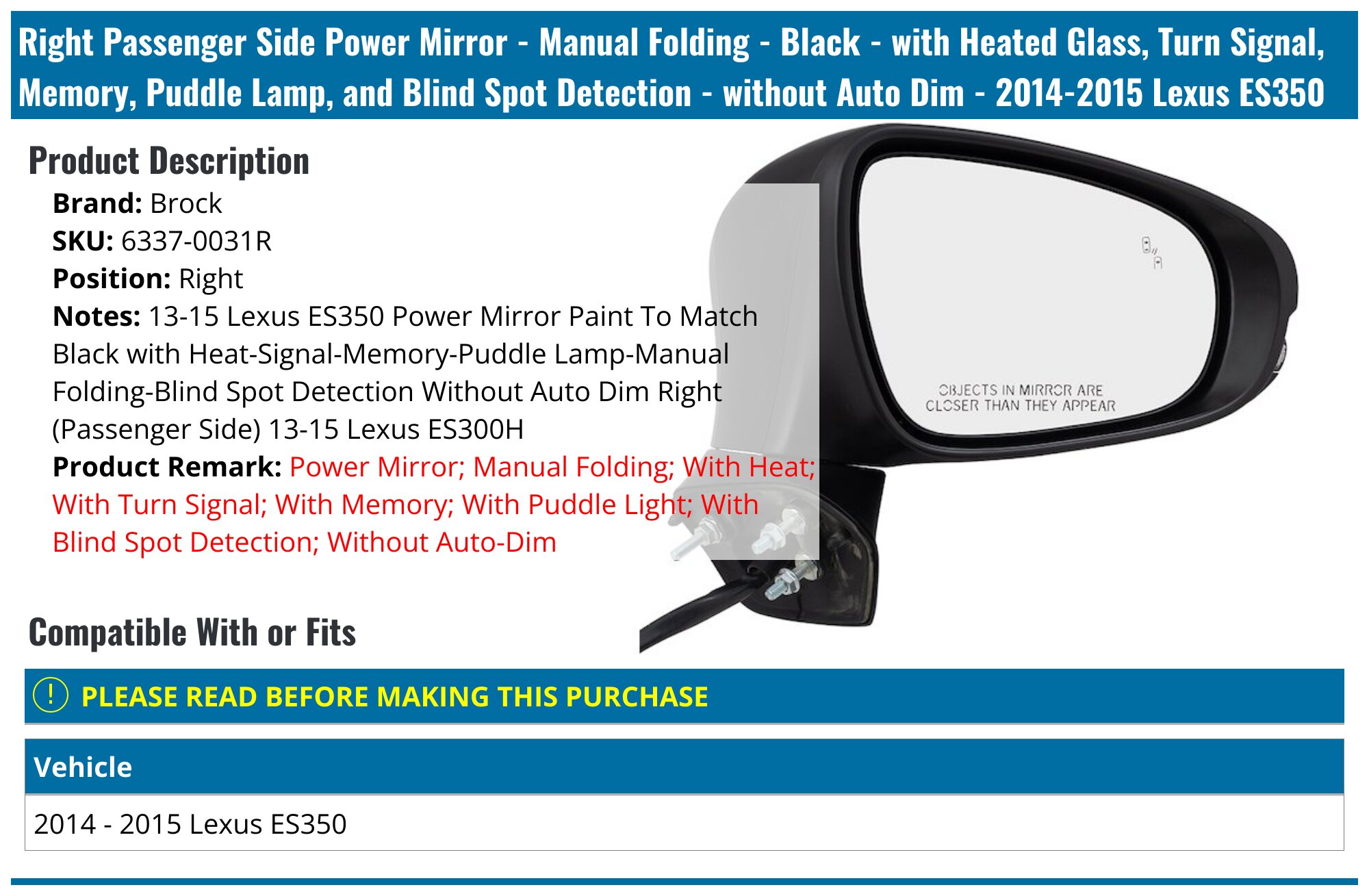 Left Side Power Mirror For 2008-2009 Lexus ES350 - Manual Fold, Paintable, Heated
