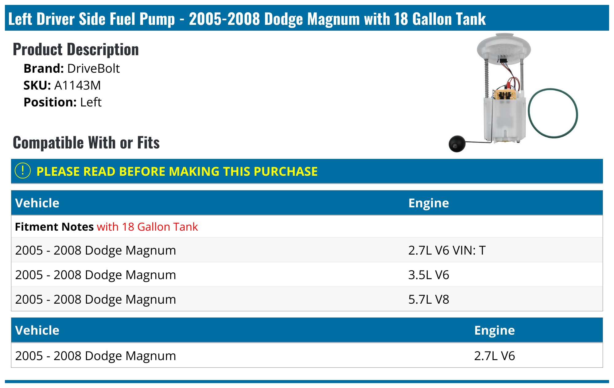 20052008 Dodge Magnum Fuel Pump DriveBolt A1143M Left