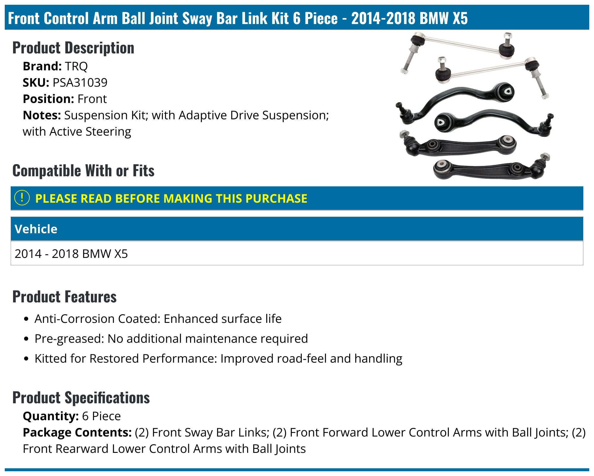 2014-2018 BMW X5 Control Arm - TRQ PSA31039 - Front - PartsGeek.com