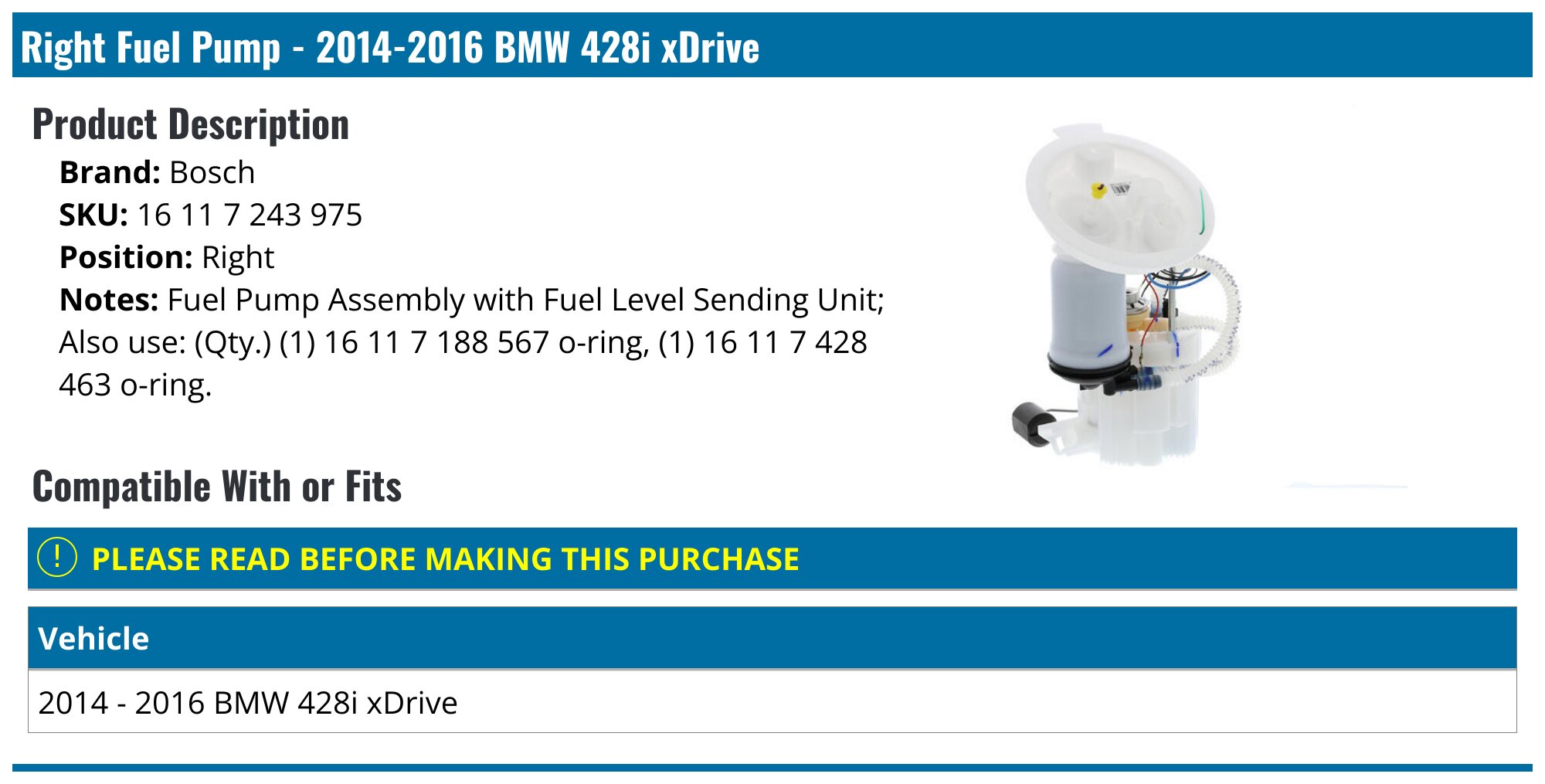 2014-2016 BMW 428i xDrive Fuel Pump - Bosch 16 11 7 243 975 - Right ...
